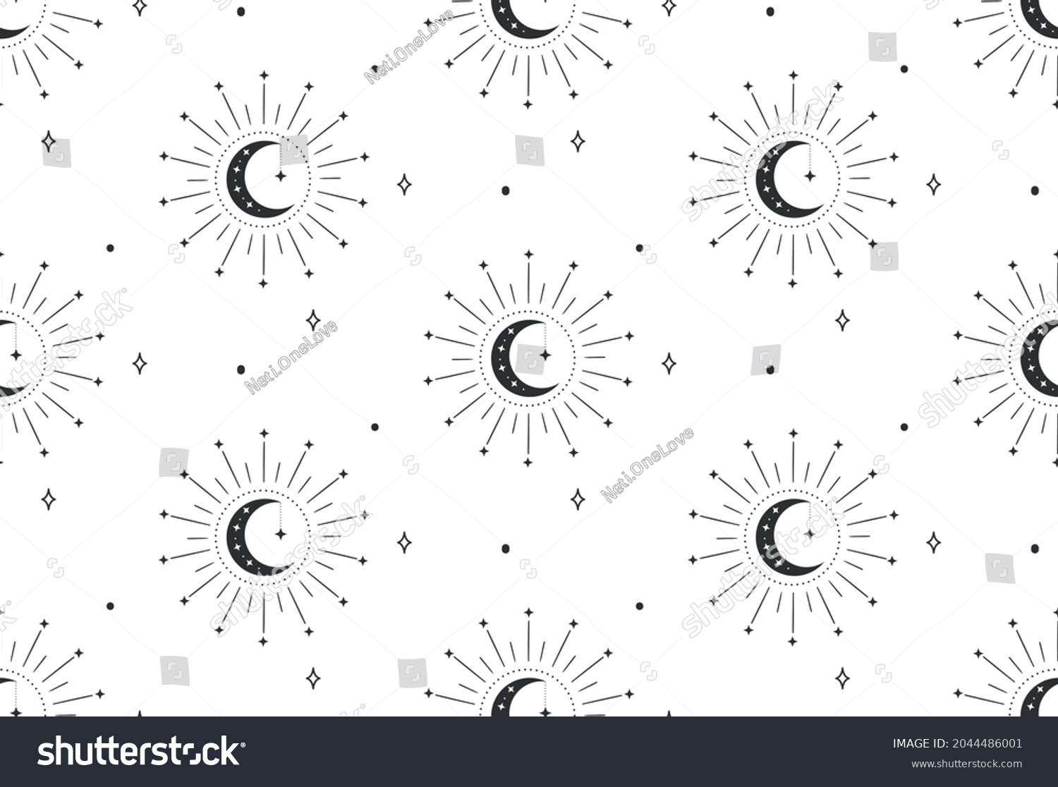 SVG of Abstract Background Seamless Pattern with Crescents, Stars, Rays, Dots. Mystic Design, Vector Illustration for wrapping tissue paper svg