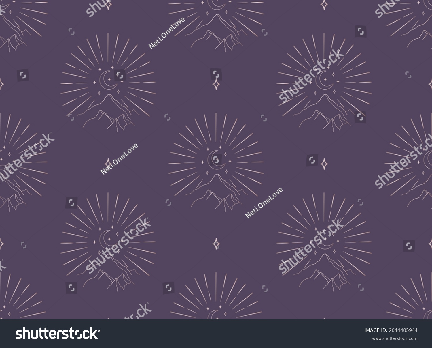 SVG of Abstract Background Seamless Pattern with Crescents, Stars, Suns, mountains, hills, rays. Mystic Design, Vector Illustration for wrapping tissue paper. Pink Gold svg