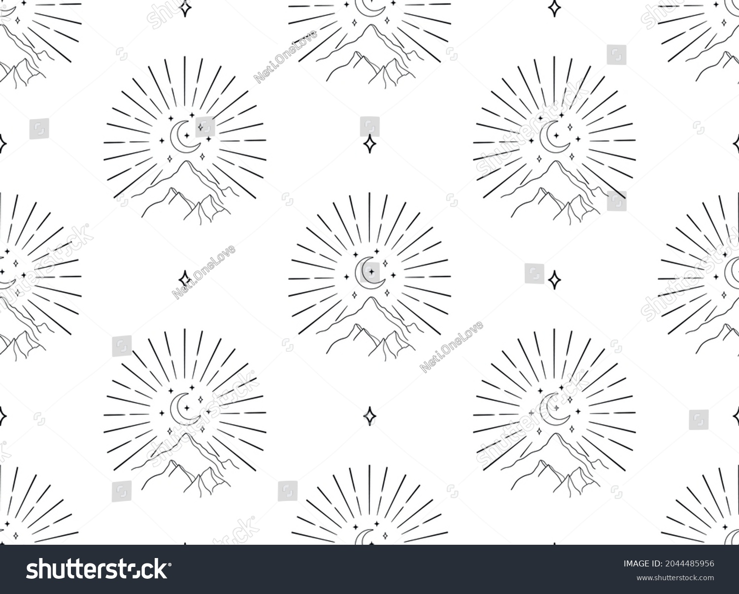 SVG of Abstract Background Seamless Pattern with Crescents, Stars, Suns, mountains, hills, rays. Mystic Design, Vector Illustration for wrapping tissue paper svg