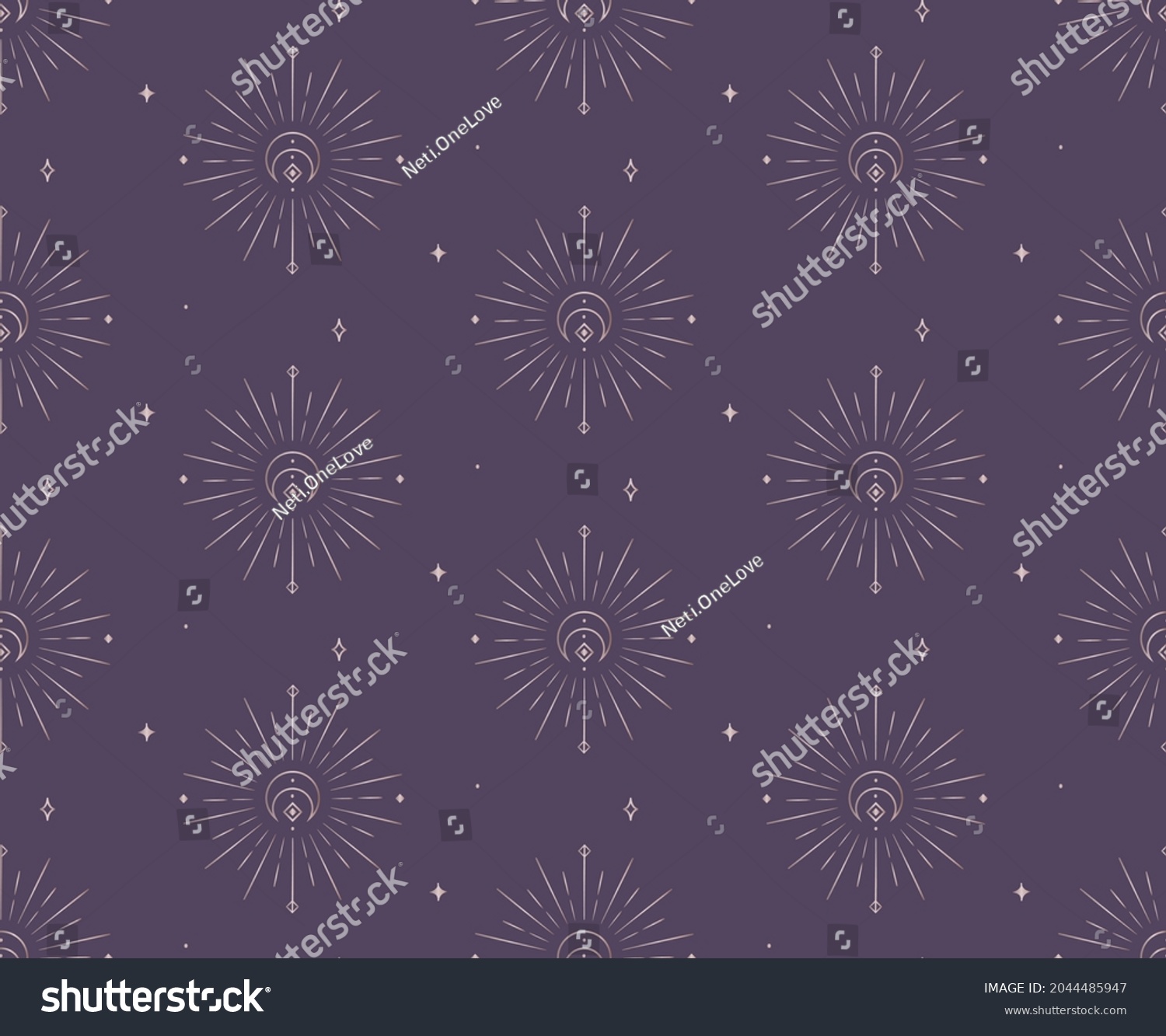 SVG of Abstract Background Seamless Pattern with Crescents, Stars, Suns. Mystic Design, Vector Illustration for wrapping tissue paper. Pink Gold svg