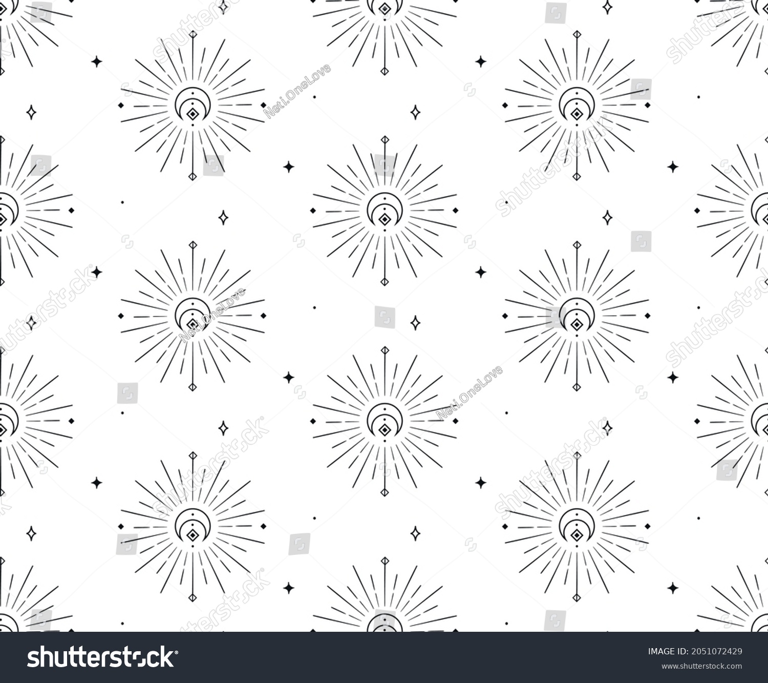 SVG of Abstract Background Seamless Pattern with Crescents, Stars, Suns. Mystic Design, Vector Illustration for wrapping tissue paper svg