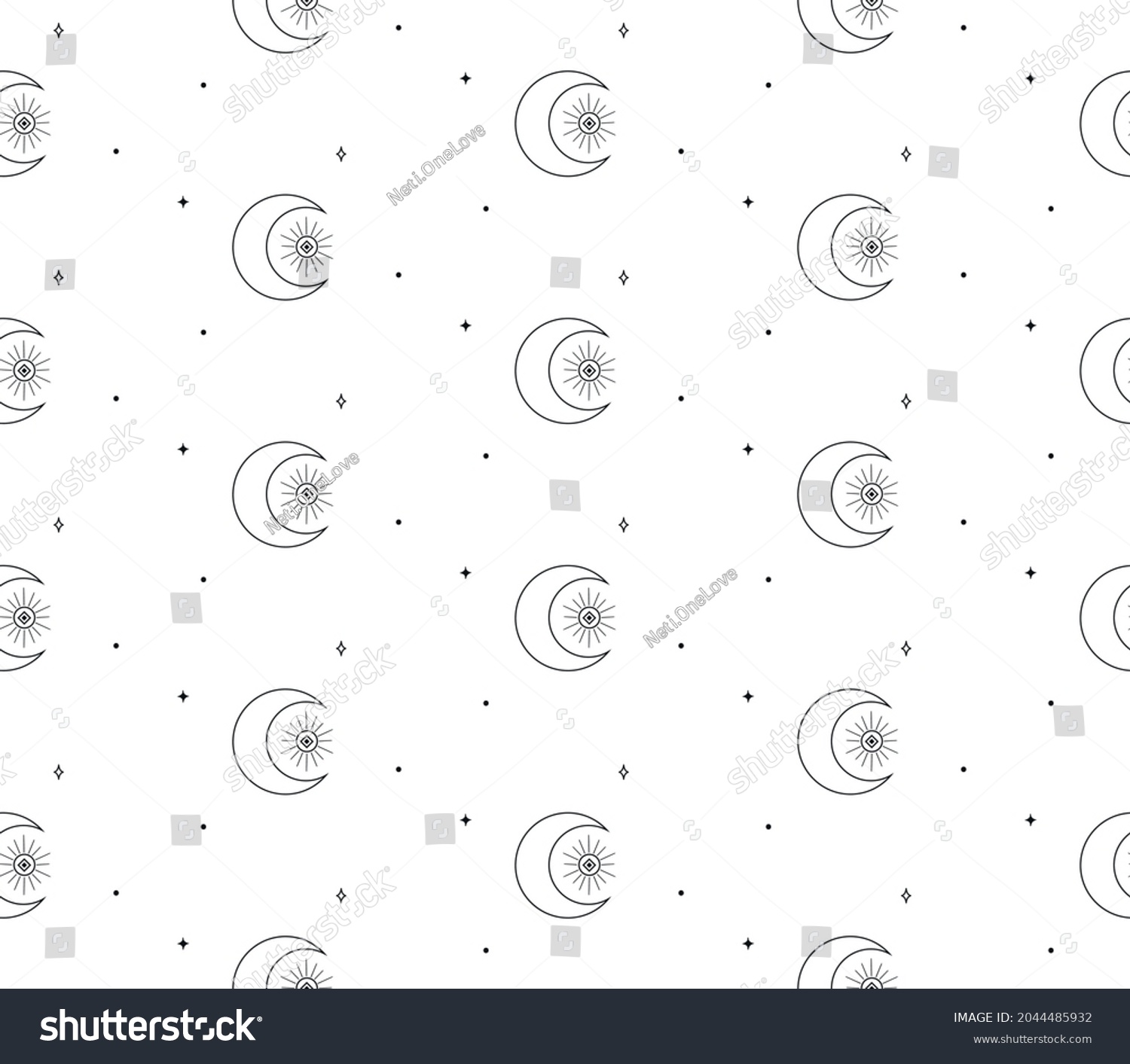 SVG of Abstract Background Seamless Pattern with Crescents, Stars, Suns, squares, rays. Mystic Design, Vector Illustration for wrapping tissue paper svg