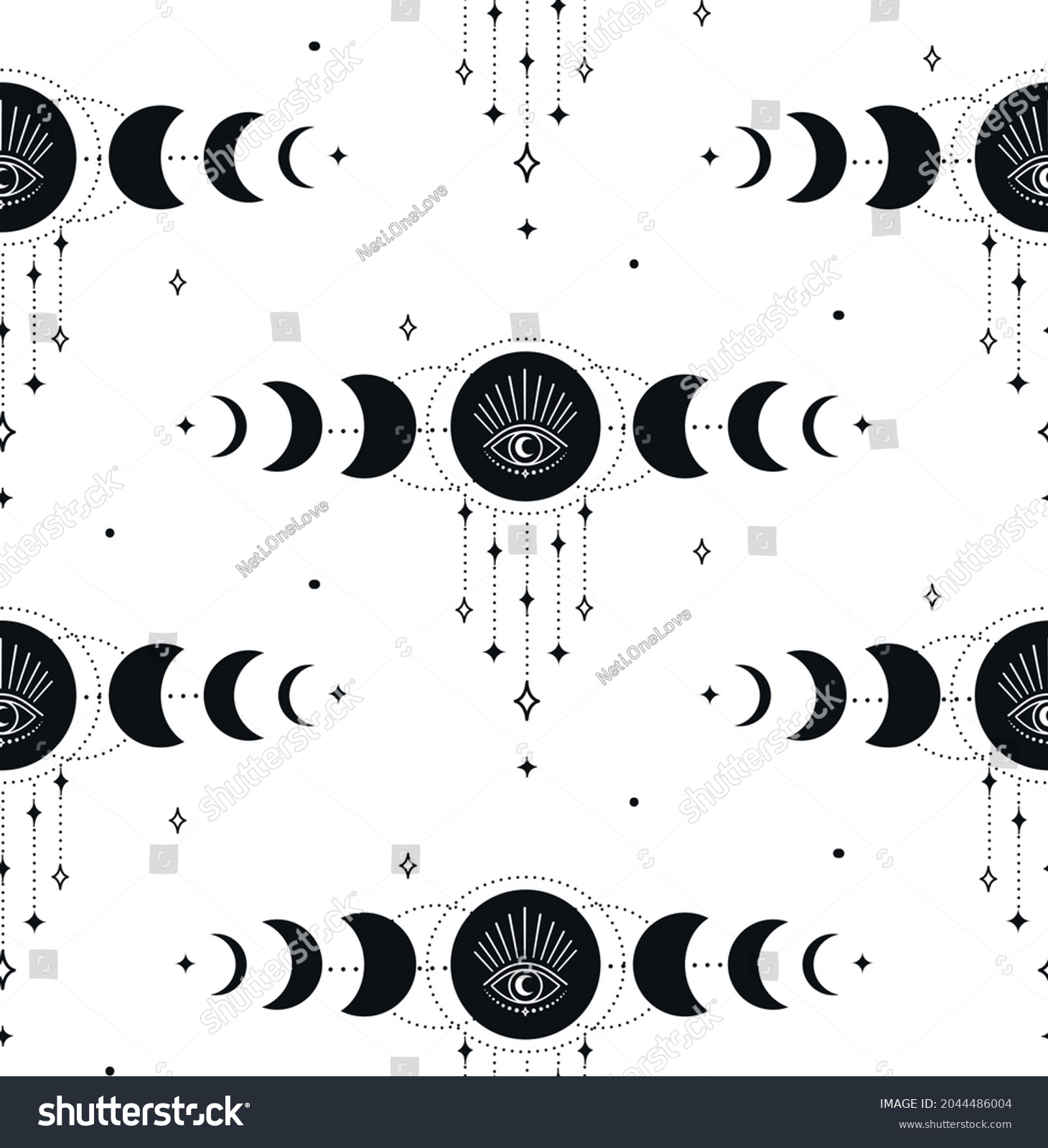 SVG of Abstract Background Seamless Pattern with Moon Phases, Crescents, Stars, Eyes, circles, dots. Mystic Design, Vector Illustration for wrapping tissue paper. svg