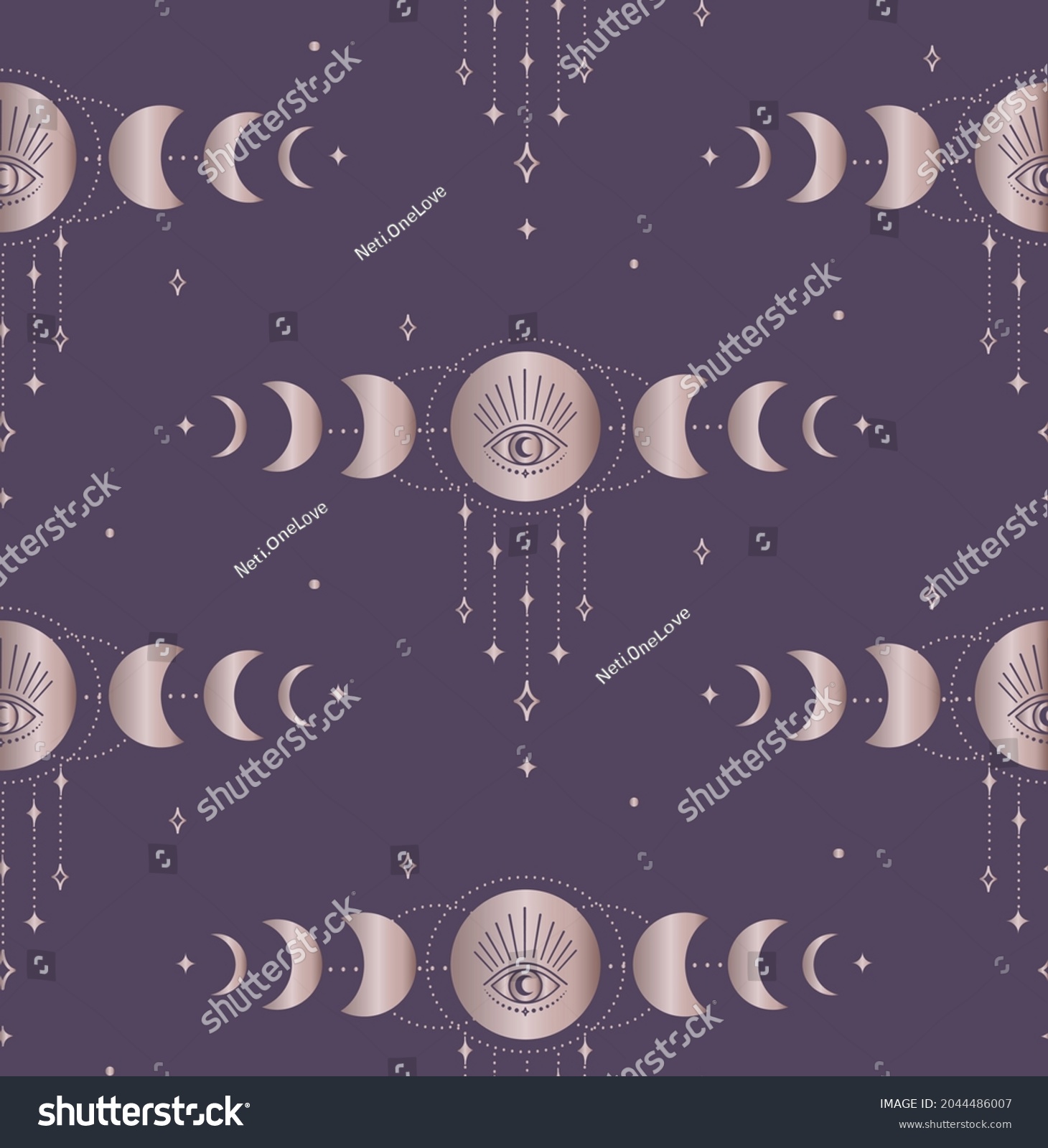 SVG of Abstract Background Seamless Pattern with Moon Phases, Crescents, Stars, Eyes, circles, dots. Mystic Design, Vector Illustration for wrapping tissue paper. Pink Gold svg
