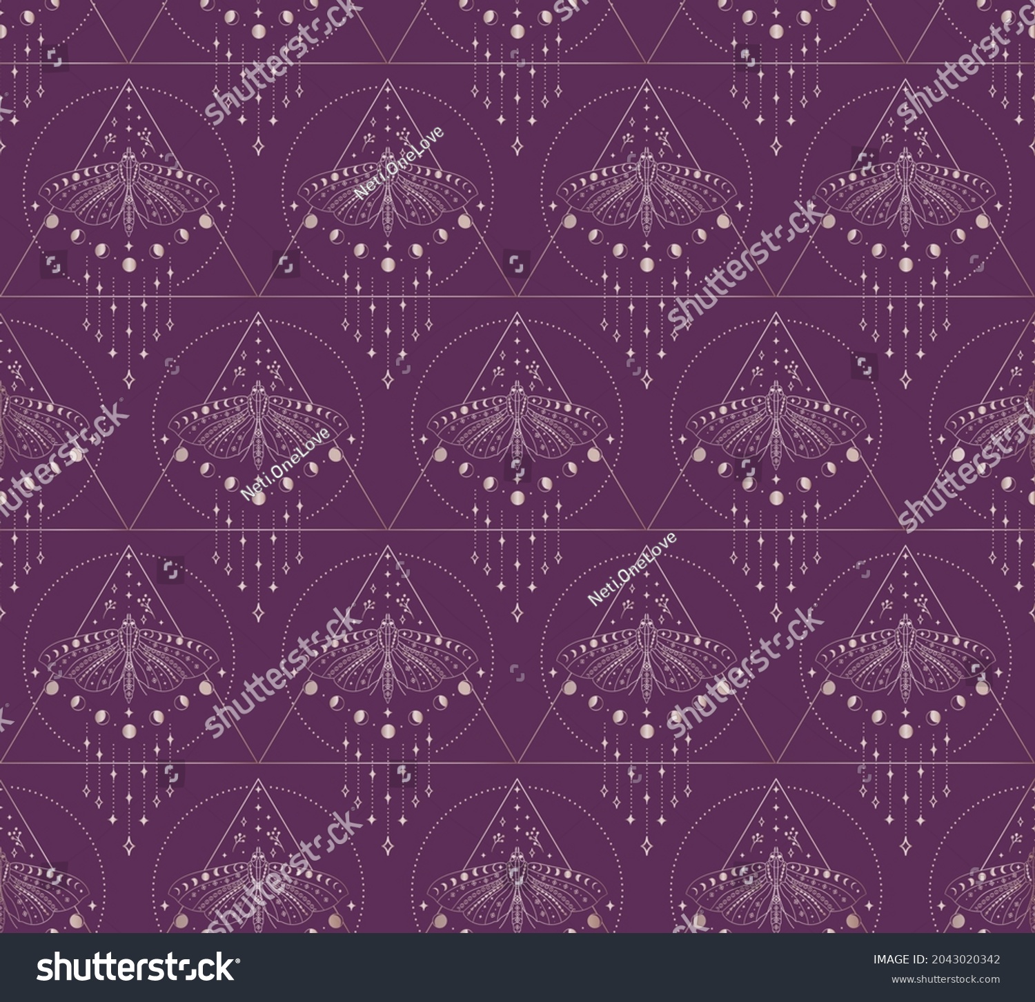 SVG of Abstract Background Seamless Pattern with Triangles, Circles, Moon Phases, Batterflies, branches, berries. Mystic Design, Vector Illustration for wrapping tissue paper. Pink Gold svg