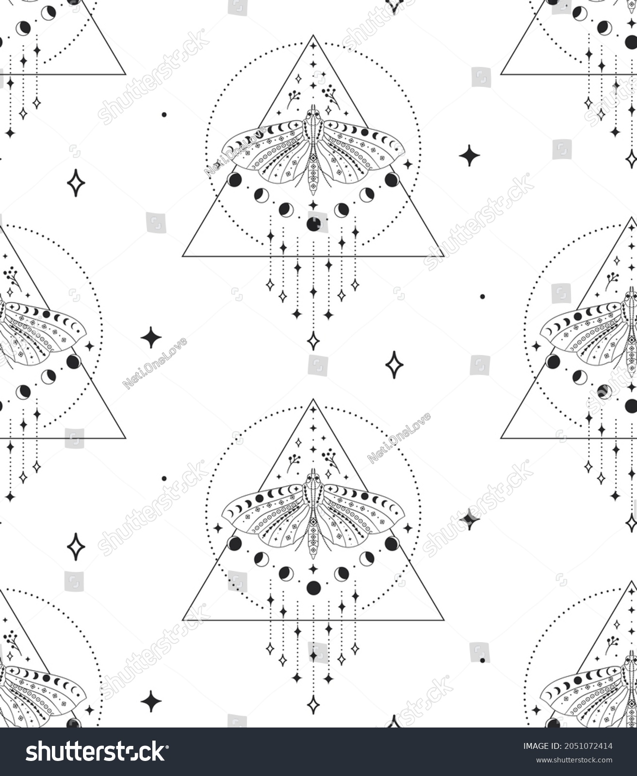 SVG of Abstract Background Seamless Pattern with Triangles, Circles, Moon Phases, Batterflies, branches, berries. Mystic Design, Vector Illustration for wrapping tissue paper svg