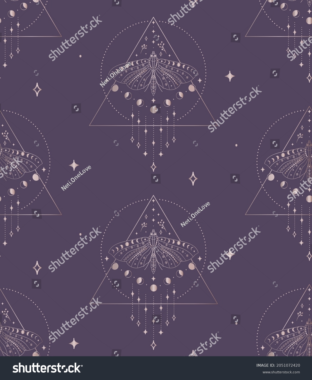 SVG of Abstract Background Seamless Pattern with Triangles, Circles, Moon Phases, Batterflies, branches, berries. Mystic Design, Vector Illustration for wrapping tissue paper. Pink Gold svg