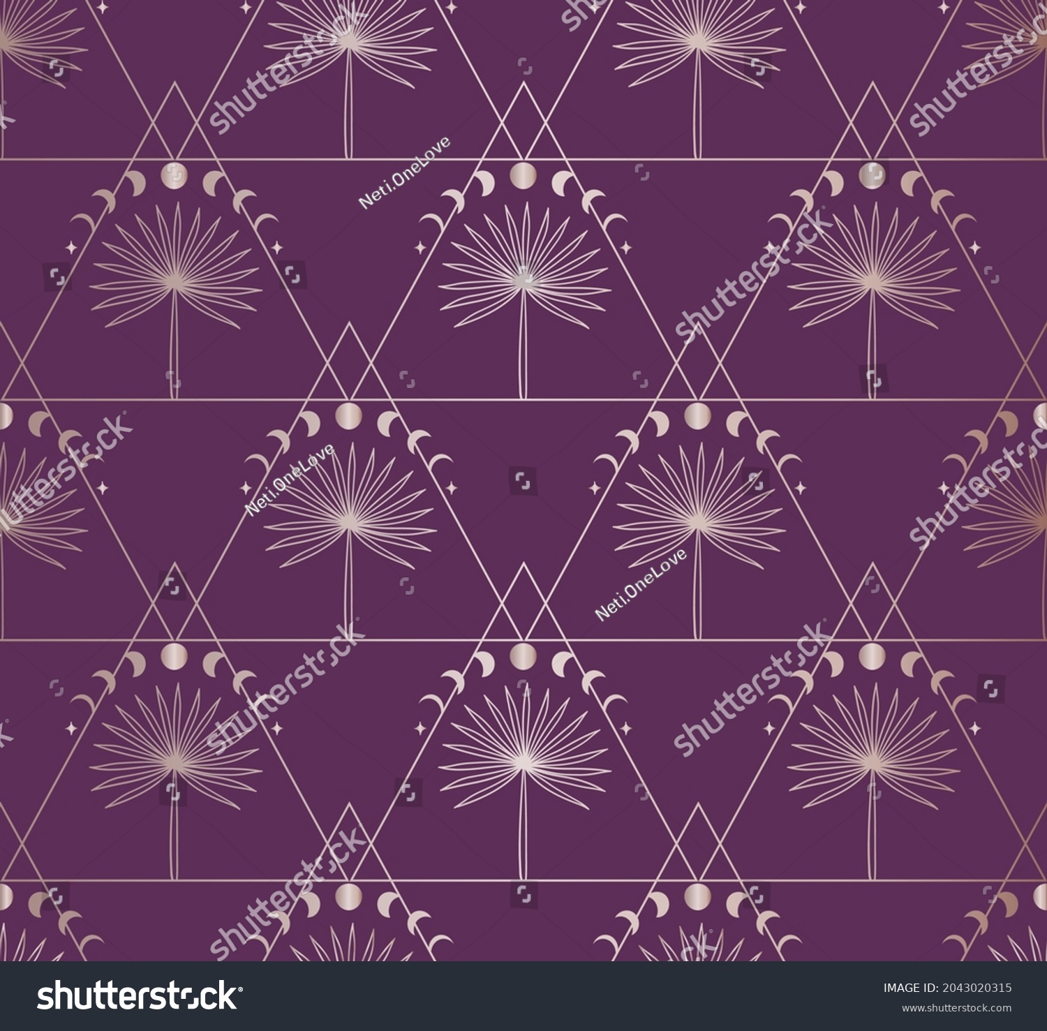 SVG of Abstract Background Seamless Pattern with Triangles, Moon Phases, Palm Trees. Mystic Design, Vector Illustration for wrapping tissue paper. Pink Gold. svg