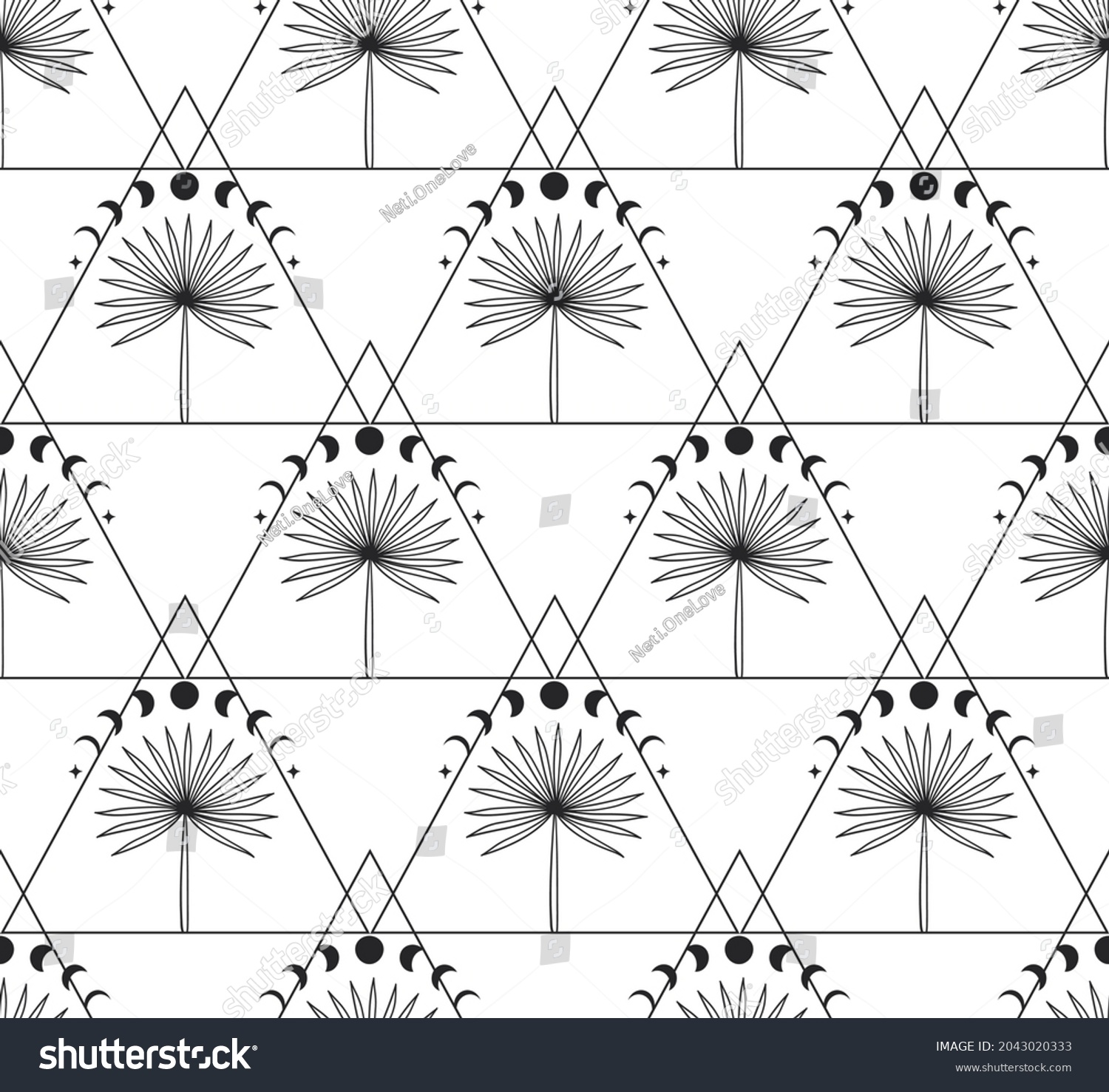 SVG of Abstract Background Seamless Pattern with Triangles, Moon Phases, Palm Trees. Mystic Design, Vector Illustration for wrapping tissue paper svg