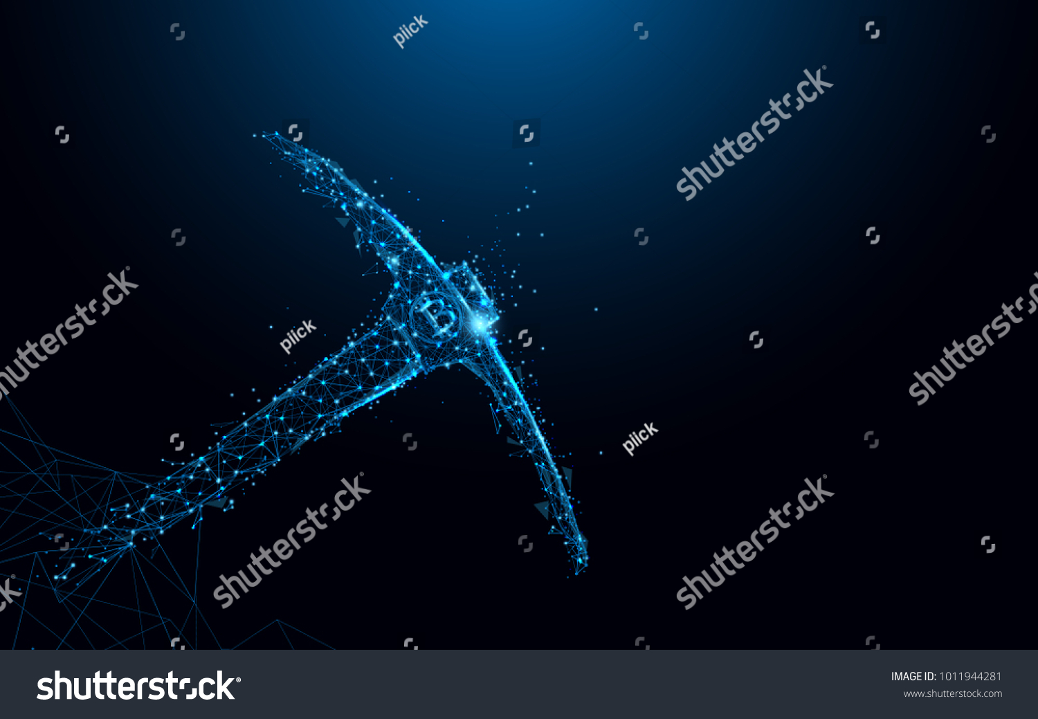 SVG of Abstract Bitcoin mining concept with pickaxe and coin form lines and triangles, point connecting network on blue background. Illustration vector svg