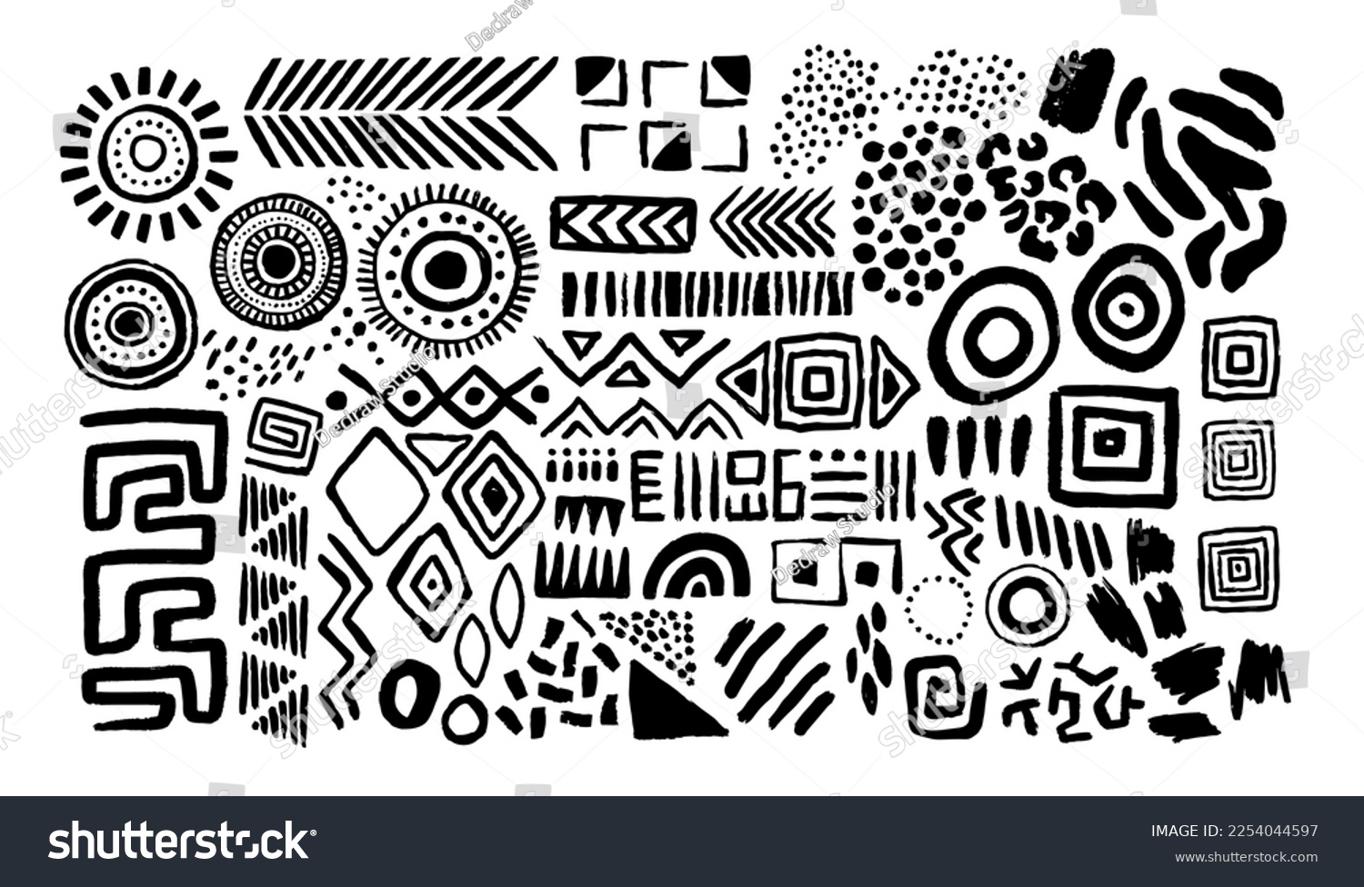 SVG of Abstract black and white african art shapes collection, tribal doodle decoration set. Random ethnic shapes, animal print texture and traditional hand drawn icons. svg
