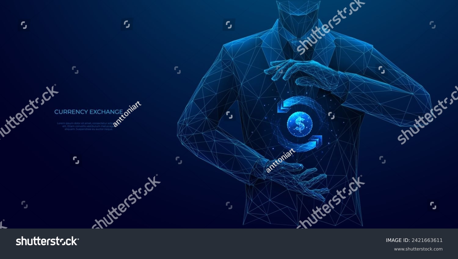 SVG of Abstract businessman holding a Currency Exchange Symbol in his hands on a dark blue background. Digital money transfer. Finance concept. Dollar coin and rotate double arrows. Vector illustration. svg