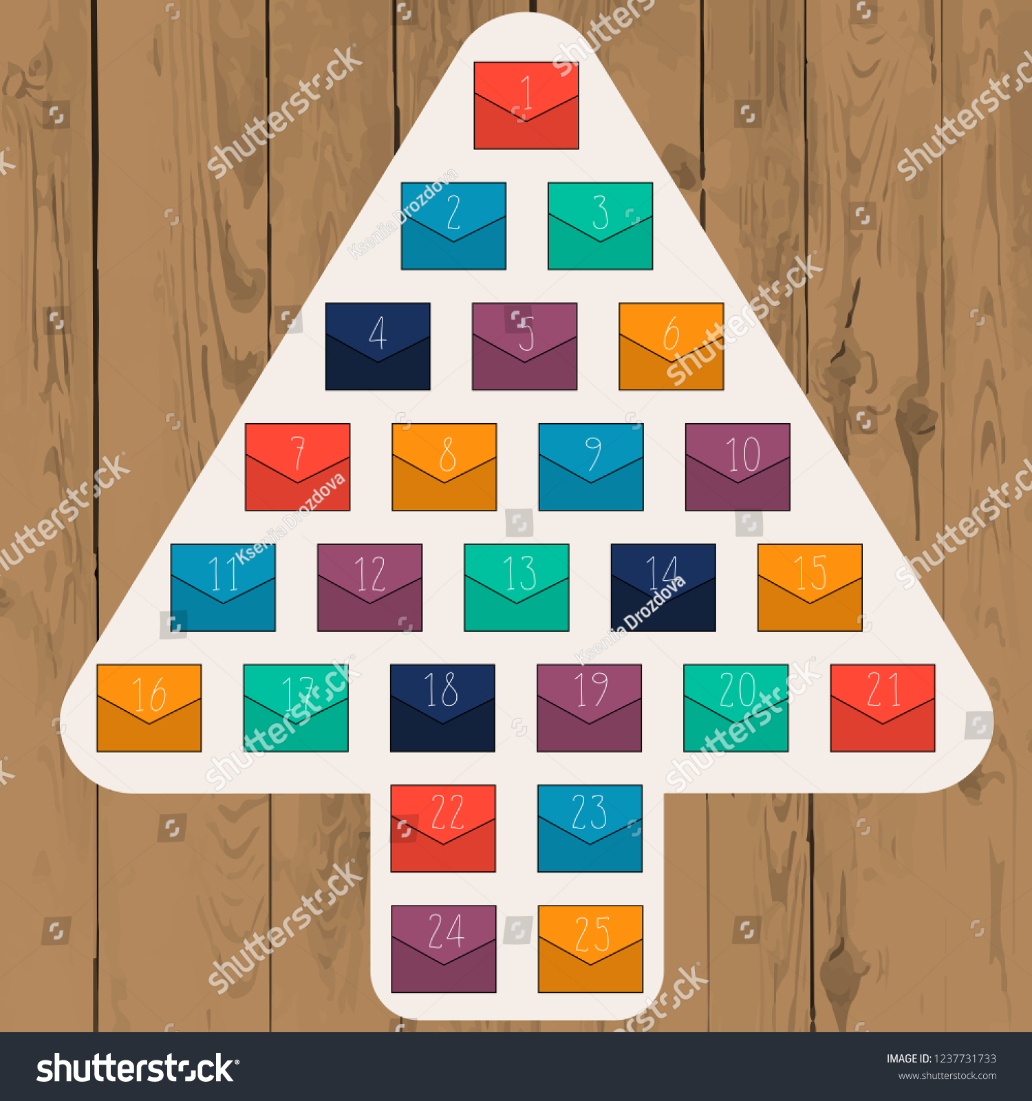 Abstract Christmas Tree With Colorful Envelopes On Wood Background Advent Calendar Abstract Christmas Tree With Colorful Envelopes On Wood Background Advent Calendar