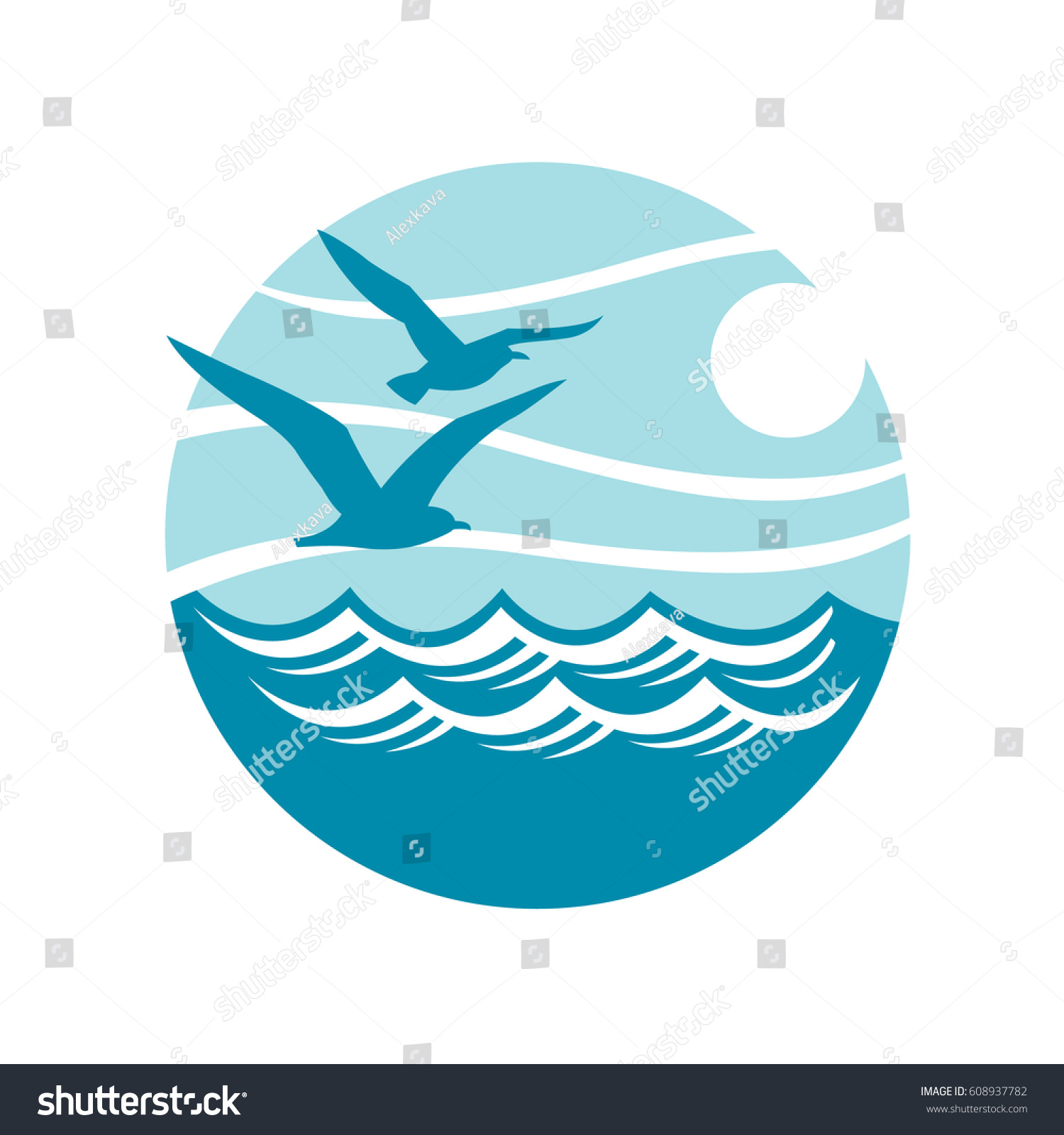 Download Abstract Design Ocean Logo Waves Seagulls Stock Vector 608937782 - Shutterstock