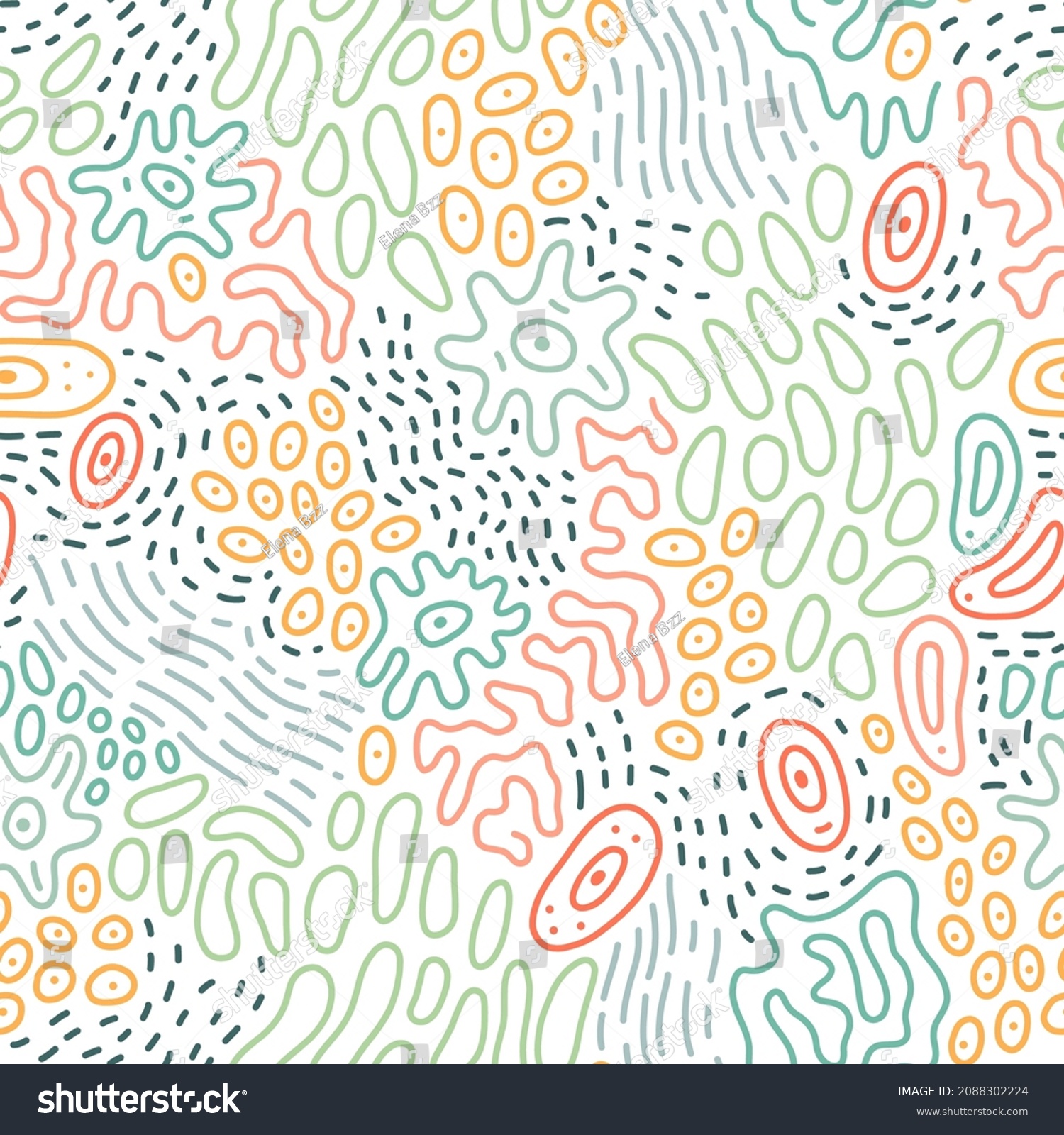 SVG of Abstract doodle pattern with microbe, virus, bacteria. Vector seamless background with fantasy microorganism, mold, cell, germ, probiotic etc.  svg