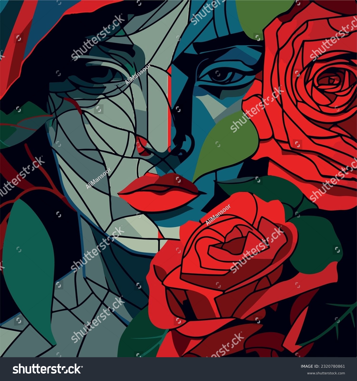 SVG of abstract face of a beautiful woman fused with a rose in the style of picasso svg