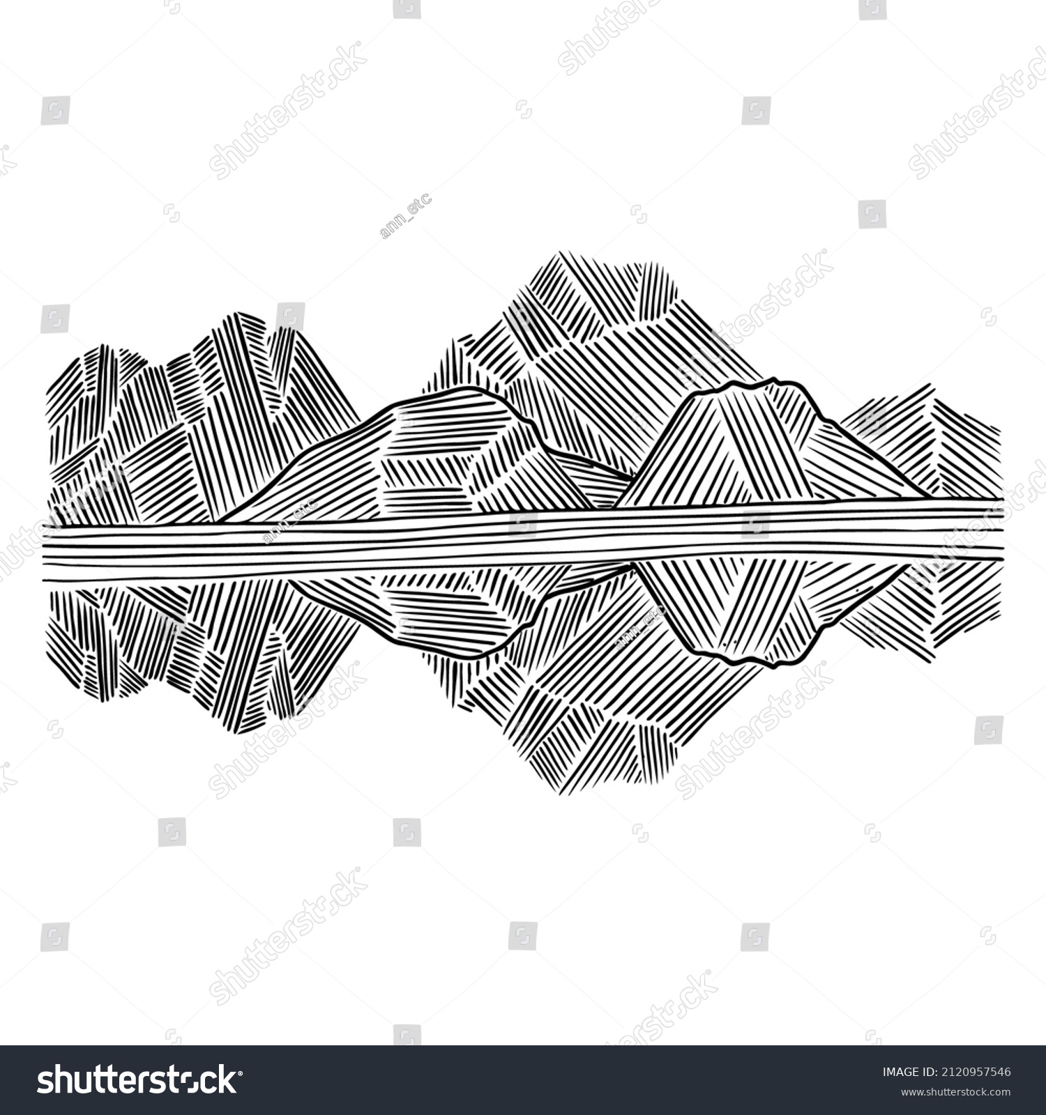 SVG of Abstract graphic mountains, stars, moon with lake reflection. Hand drawnlake Tahoe in California. Vector illustration. Perfect for badges, emblems, patches, t-shirts, etc. svg