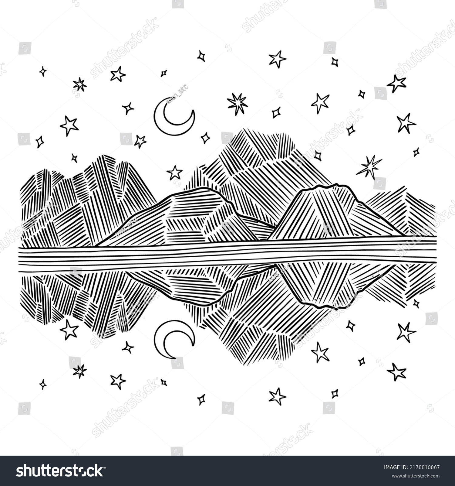 SVG of Abstract graphic mountains, stars, moon with lake reflection. Hand drawnlake Tahoe in California. Vector illustration. Perfect for badges, emblems, patches, t-shirts, etc. svg