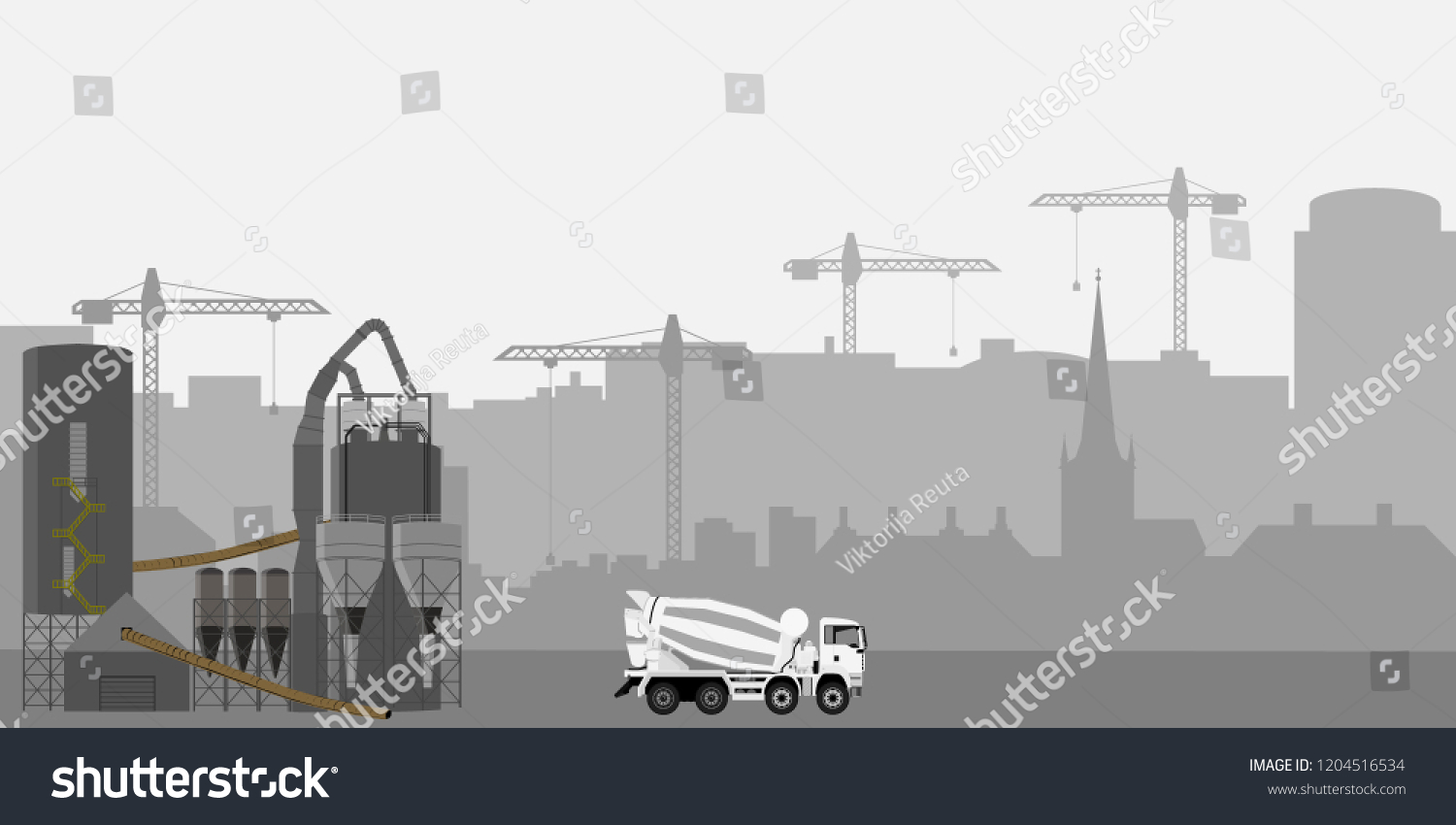 SVG of Abstract Industrial Skyline. Concrete cement truck. Mixet truck and cement factory. Panoramic Industrial Construction landscape silhouette. Vector illustratuion svg