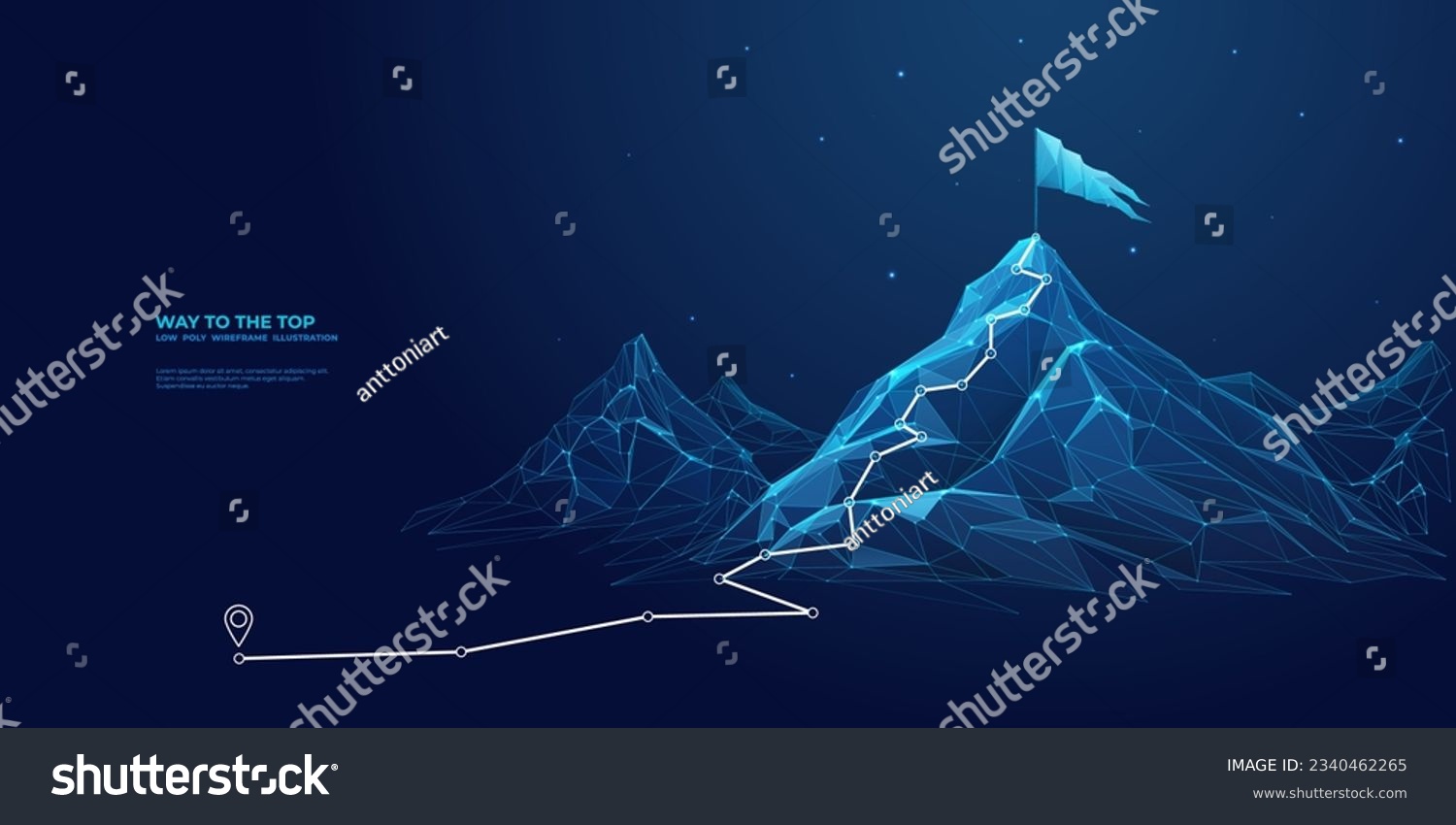 SVG of Abstract mountain with a path to the top. Way to goal in digital futuristic style on a blue technology background. Vector illustration of success achievement concept. Low Poly wireframe flag and ridge svg