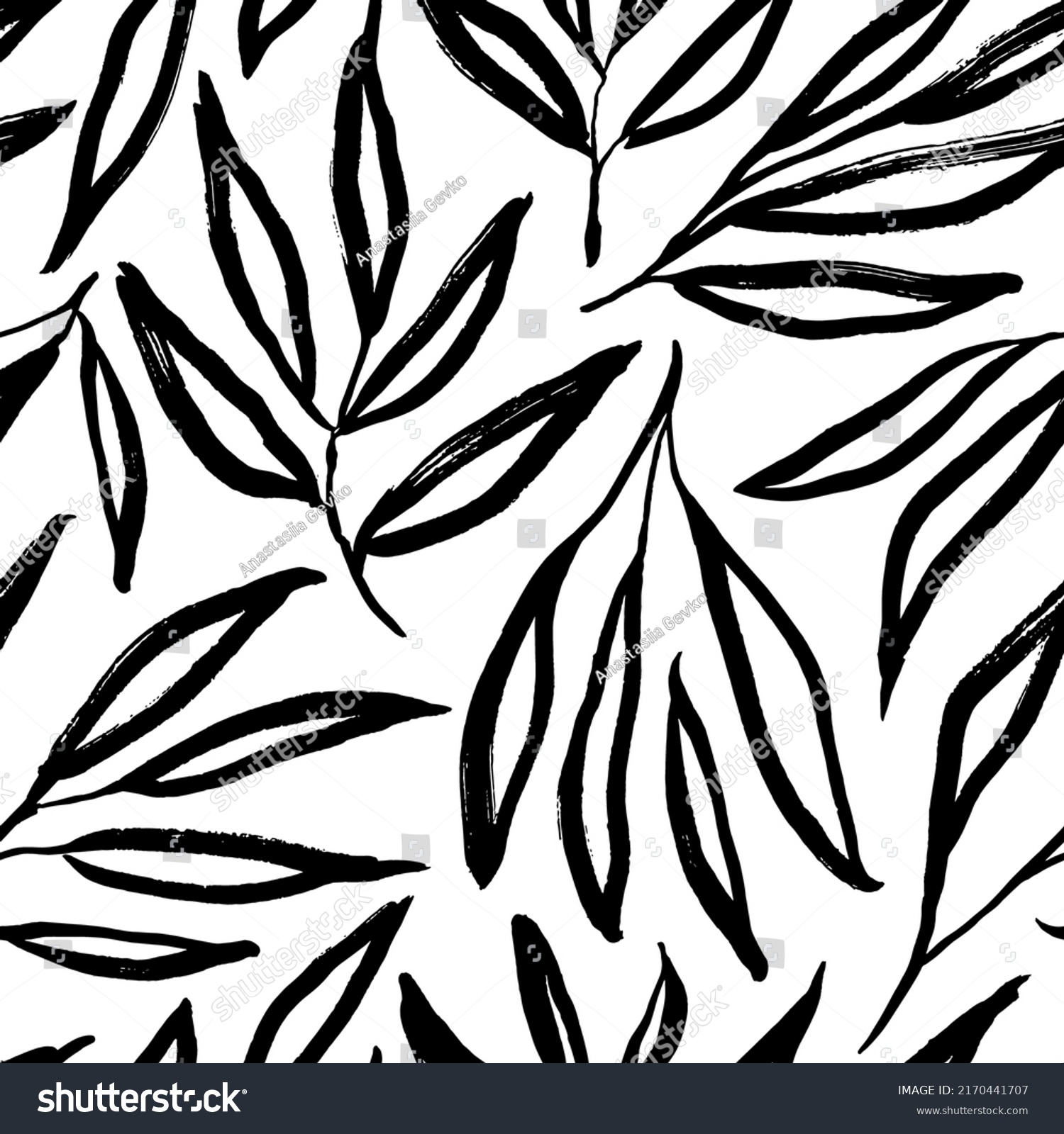SVG of Abstract outlined leaves and branches seamless pattern. Hand drawn black brush painted plants. Vector foliage silhouettes. Natural organic ornament with black branches. Botanical seamless background  svg