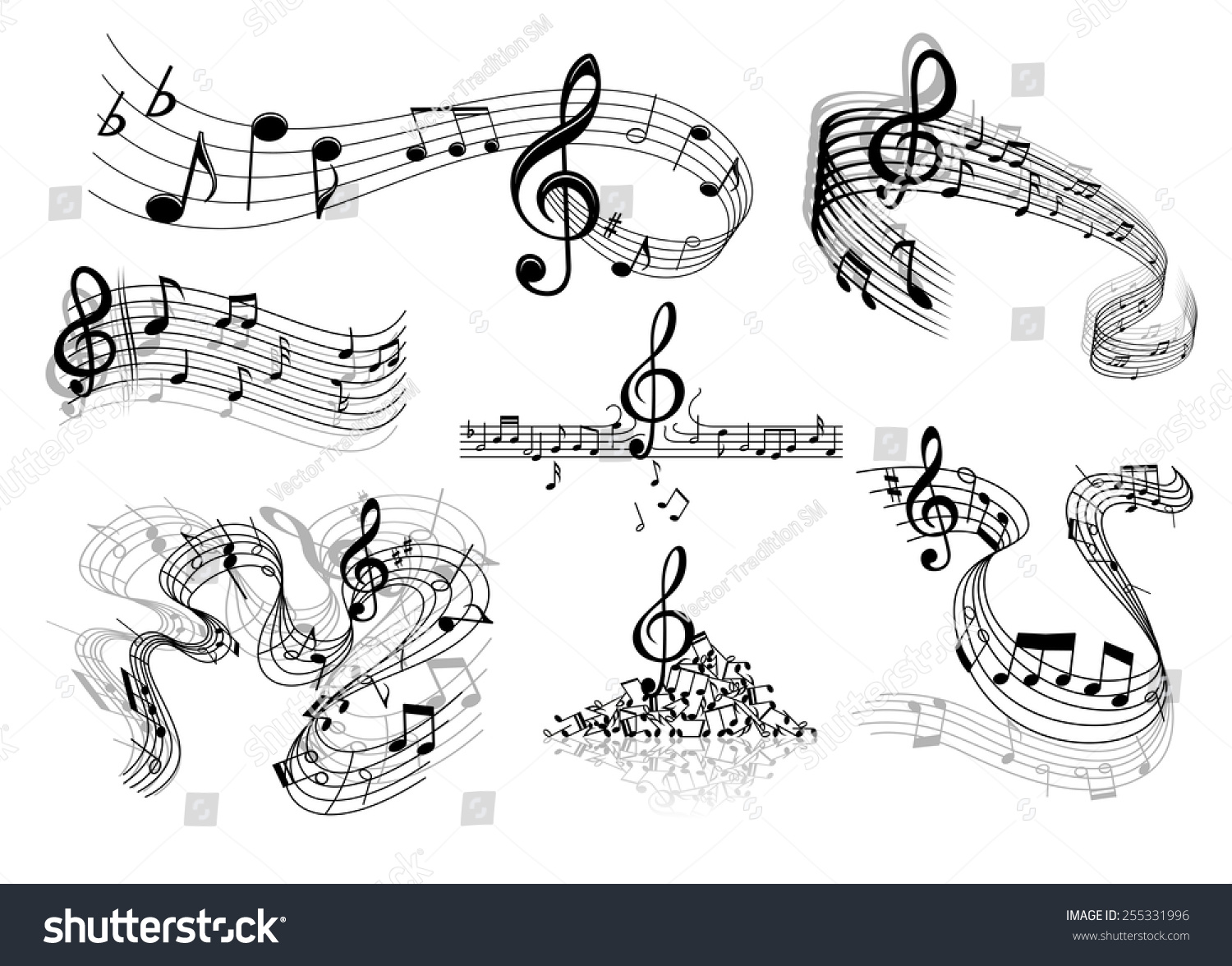 Abstract Sheet Music Design Elements Depicting Music Staves With Treble ...