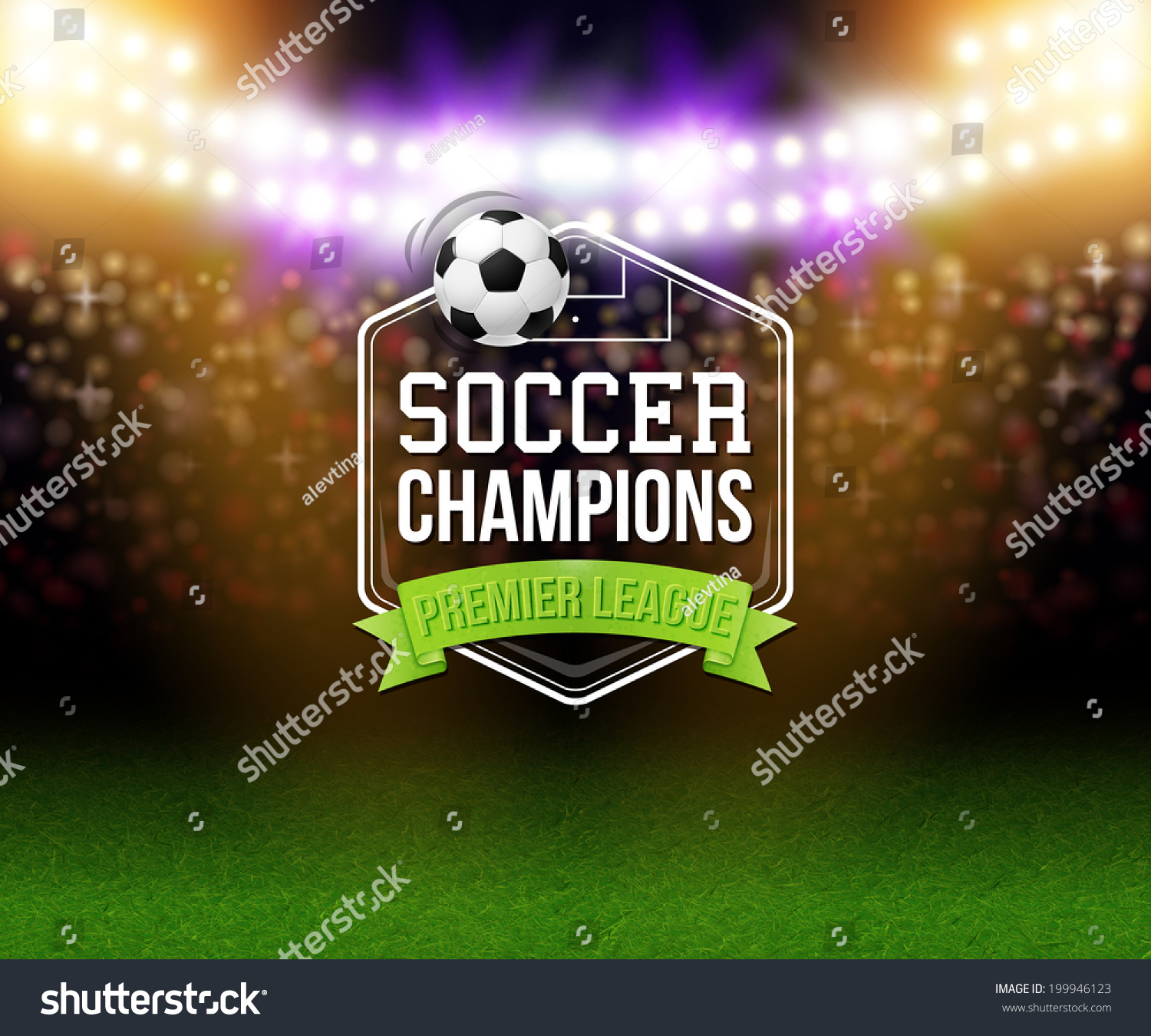 抽象的なサッカーのサッカーポスター 明るいスポットライト タイポグラフィーデザイン リアルなサッカー ボールを持つスタジアムの背景 ベクターイラスト のベクター画像素材 ロイヤリティフリー