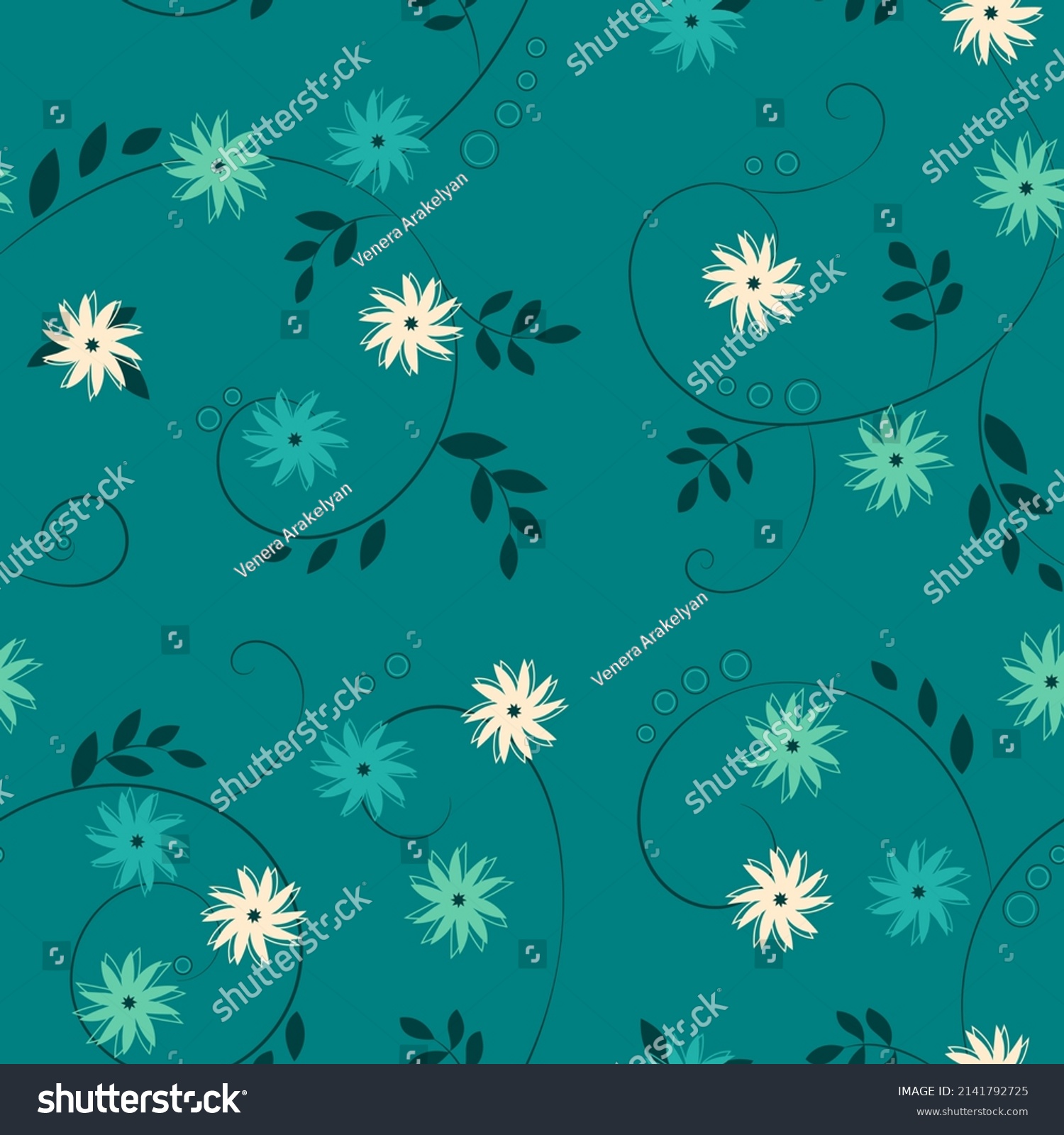 SVG of Abstract vector seamless floral pattern. Small Seafoam blue, topaz and white flowers on dark deep aqua background with swirl branches. Vector illustration. svg