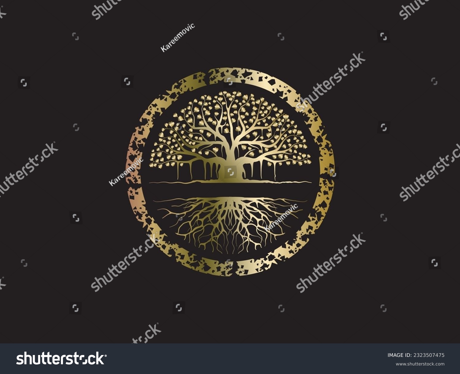 SVG of Abstract vibrant banyan tree logo with gold circle frame  svg