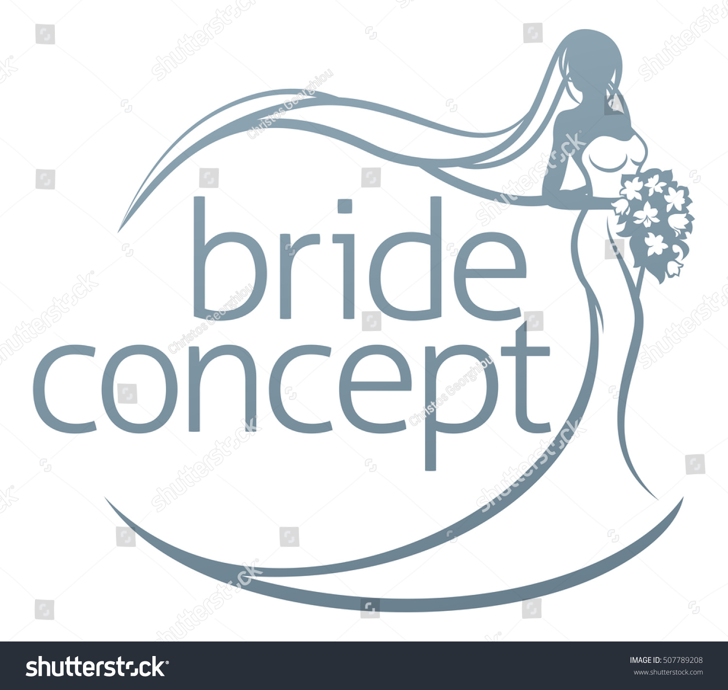 SVG of Abstract wedding design concept of bride in silhouette, in a white bridal dress gown holding a floral bouquet of flowers svg