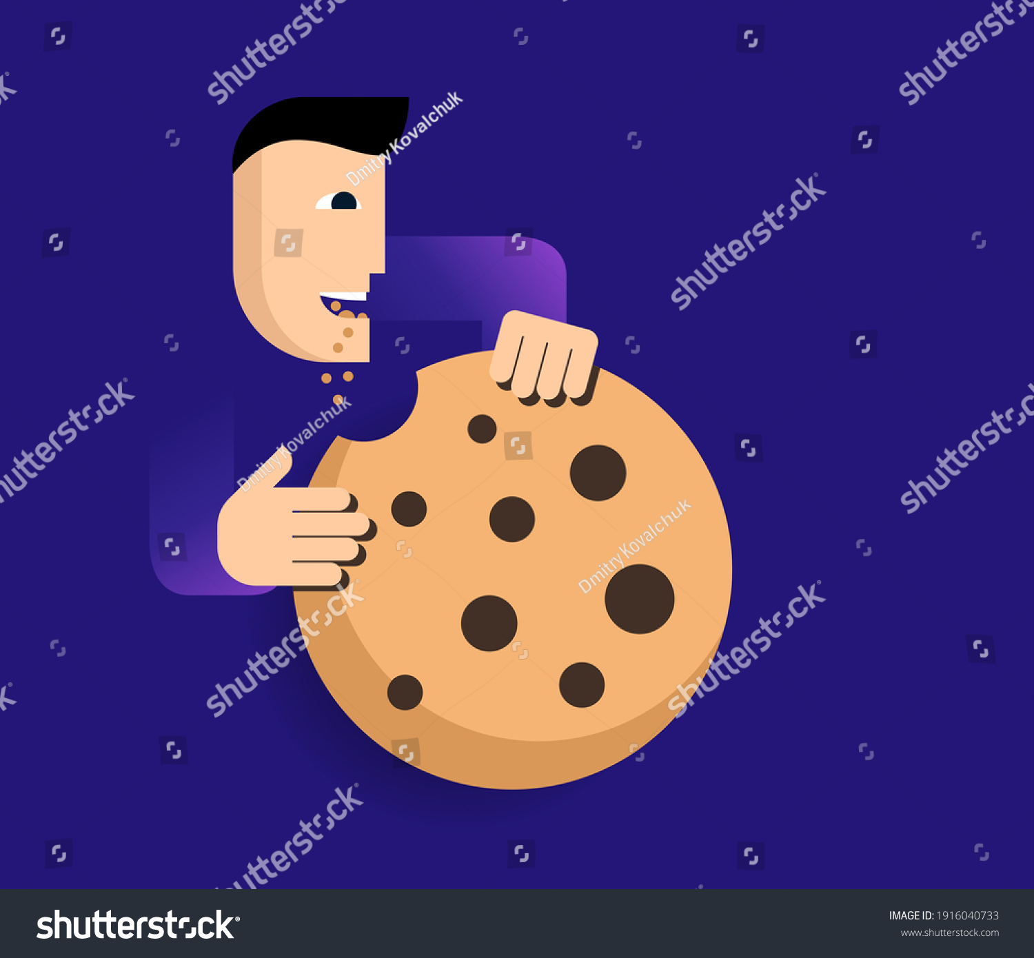 SVG of Accept cookies vector icon on blue background. Abstract character eating big cookie. Vector illustration svg