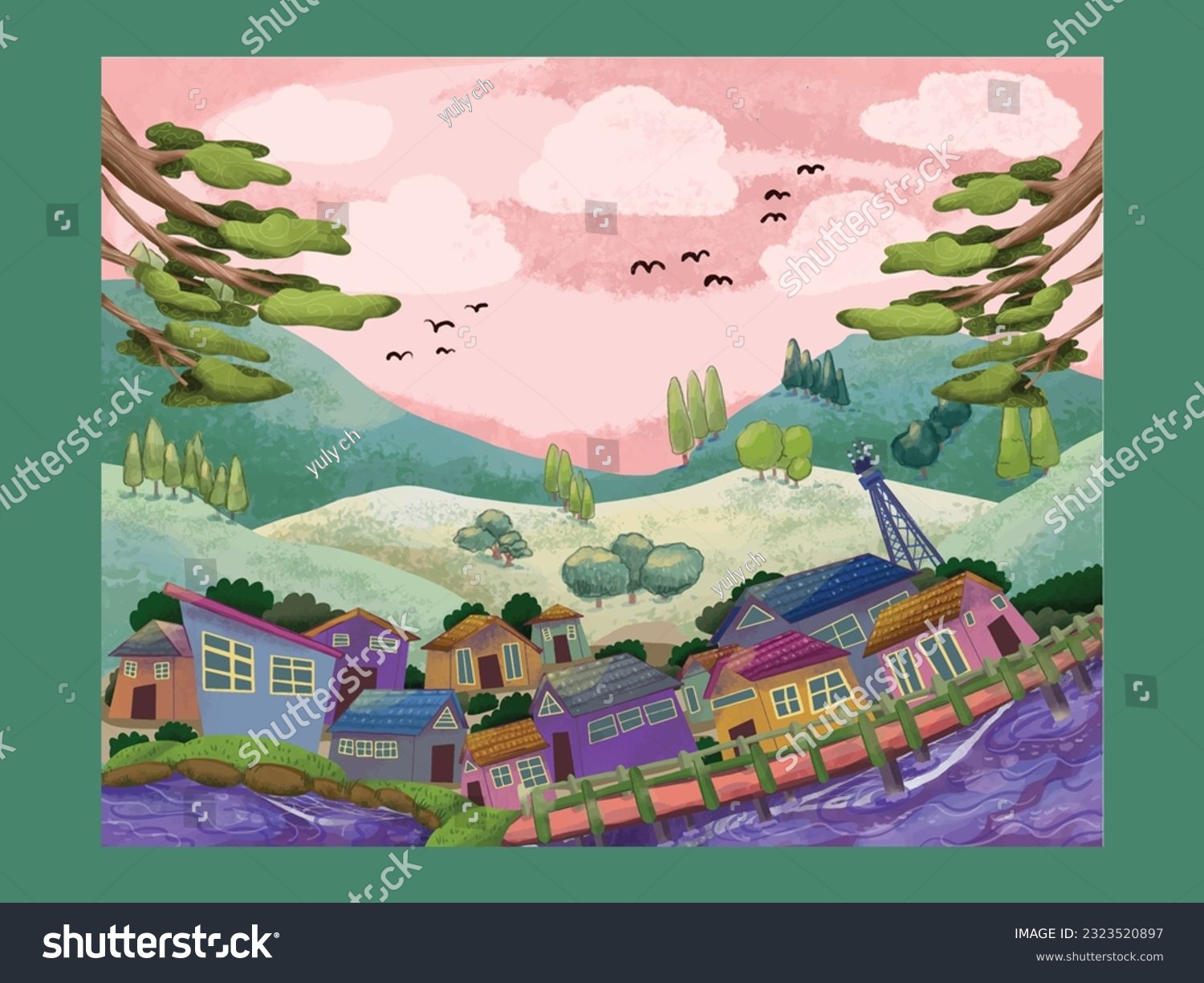 SVG of Aceh Indonesia, Desa Bintang colorful illustration , small beautiful village in Aceh Indonesia  svg