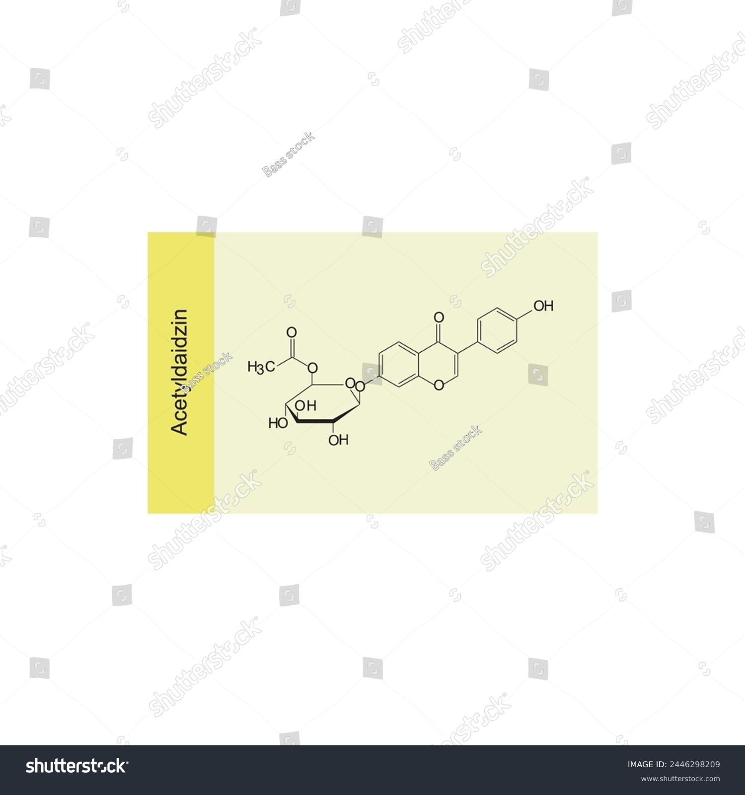 SVG of Acetyldaidzin skeletal structure diagram.Isoflavanone compound molecule scientific illustration on yellow background. svg