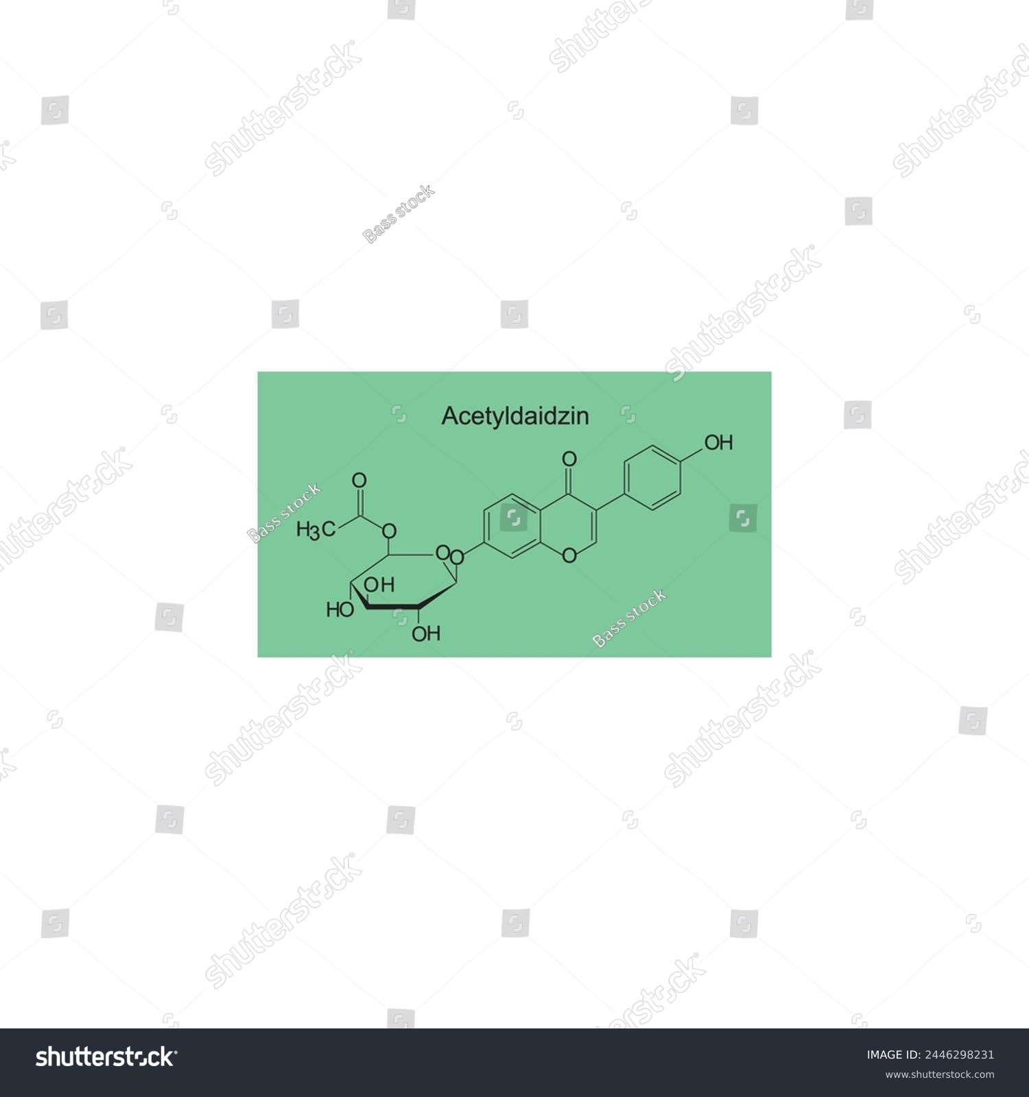 SVG of Acetyldaidzin skeletal structure diagram.Isoflavanone compound molecule scientific illustration on green background. svg