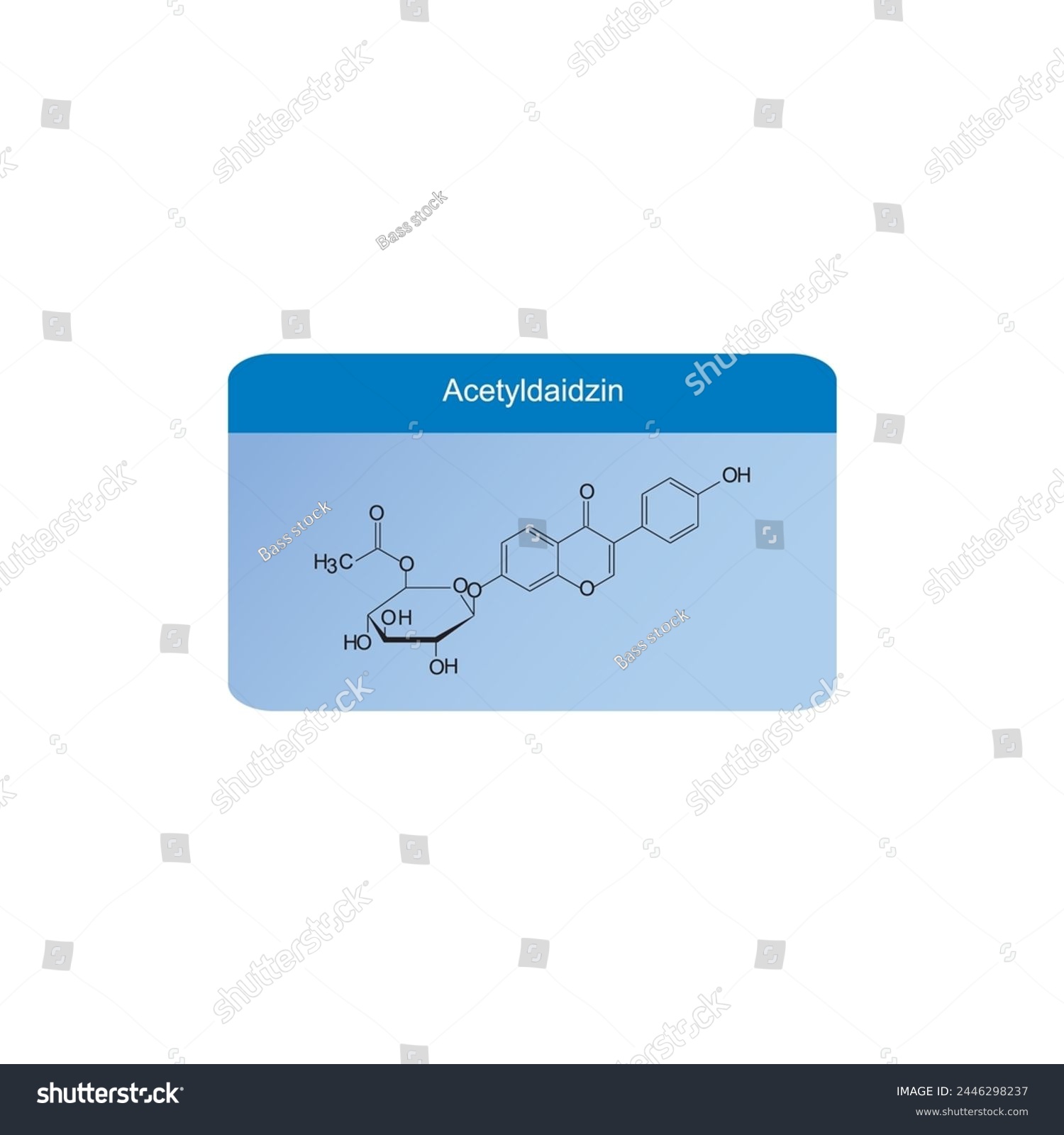SVG of Acetyldaidzin skeletal structure diagram.Isoflavanone compound molecule scientific illustration on blue background. svg