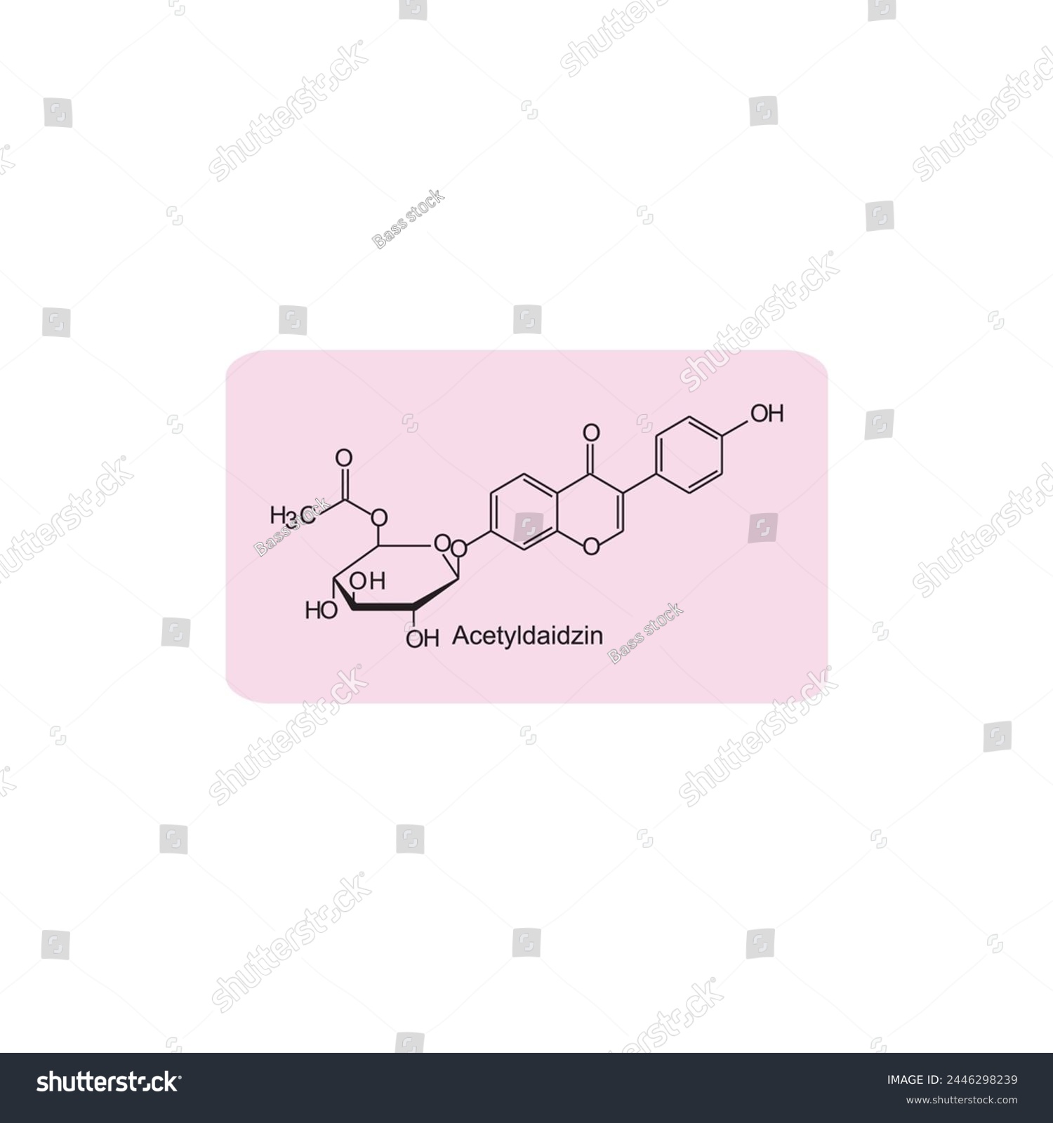 SVG of Acetyldaidzin skeletal structure diagram.Isoflavanone compound molecule scientific illustration on pink background. svg