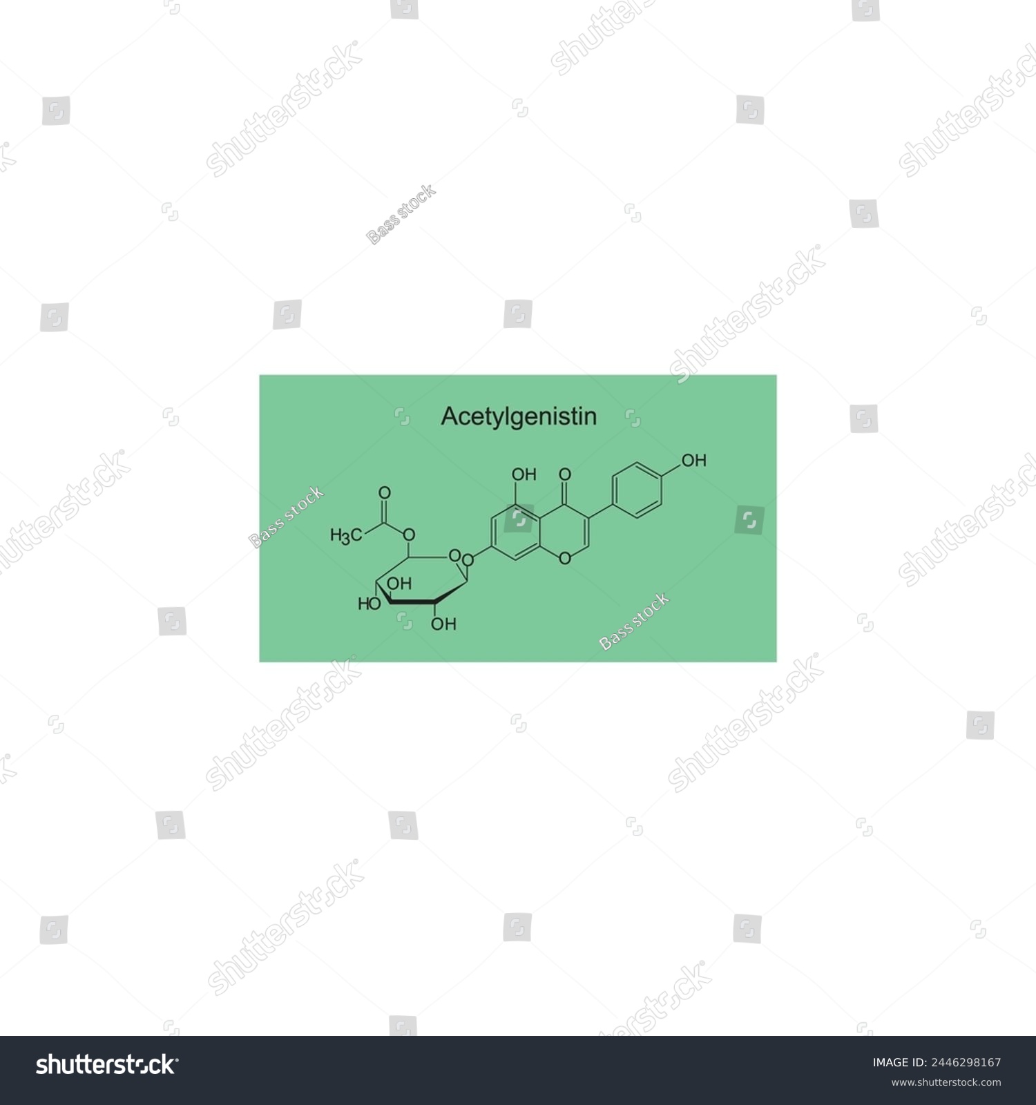 SVG of Acetylgenistin skeletal structure diagram.Isoflavanone compound molecule scientific illustration on green background. svg