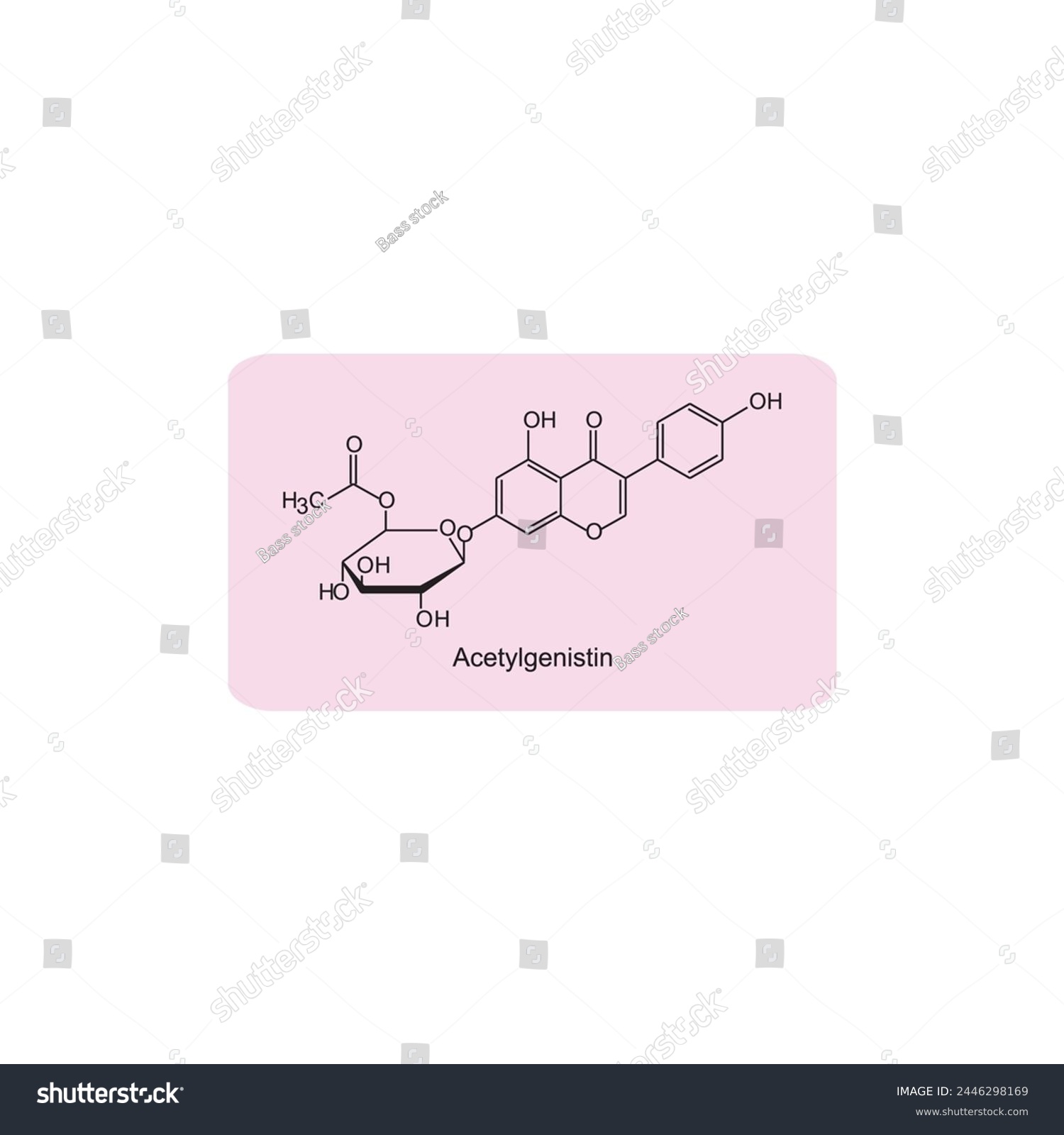 SVG of Acetylgenistin skeletal structure diagram.Isoflavanone compound molecule scientific illustration on pink background. svg