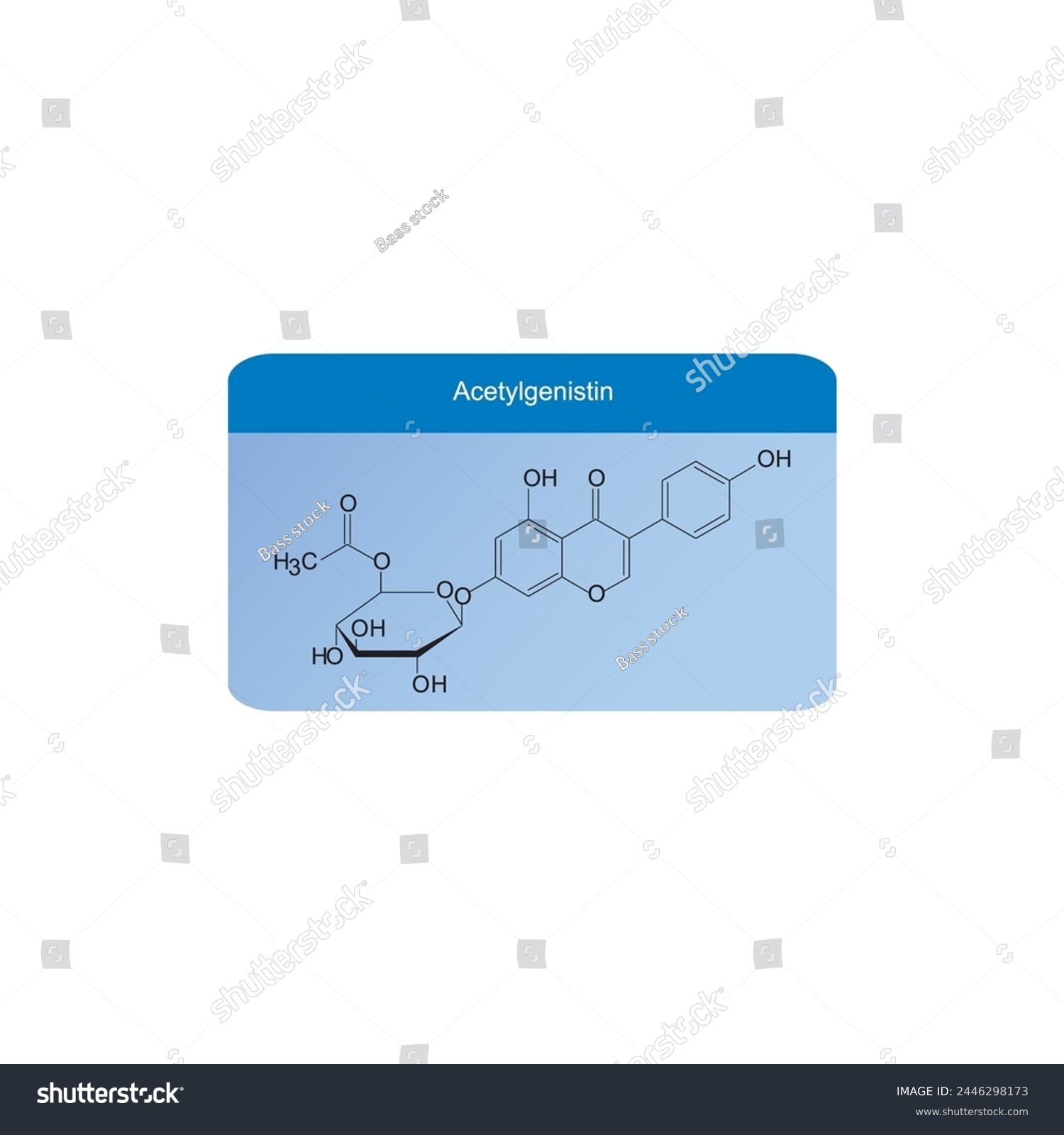 SVG of Acetylgenistin skeletal structure diagram.Isoflavanone compound molecule scientific illustration on blue background. svg