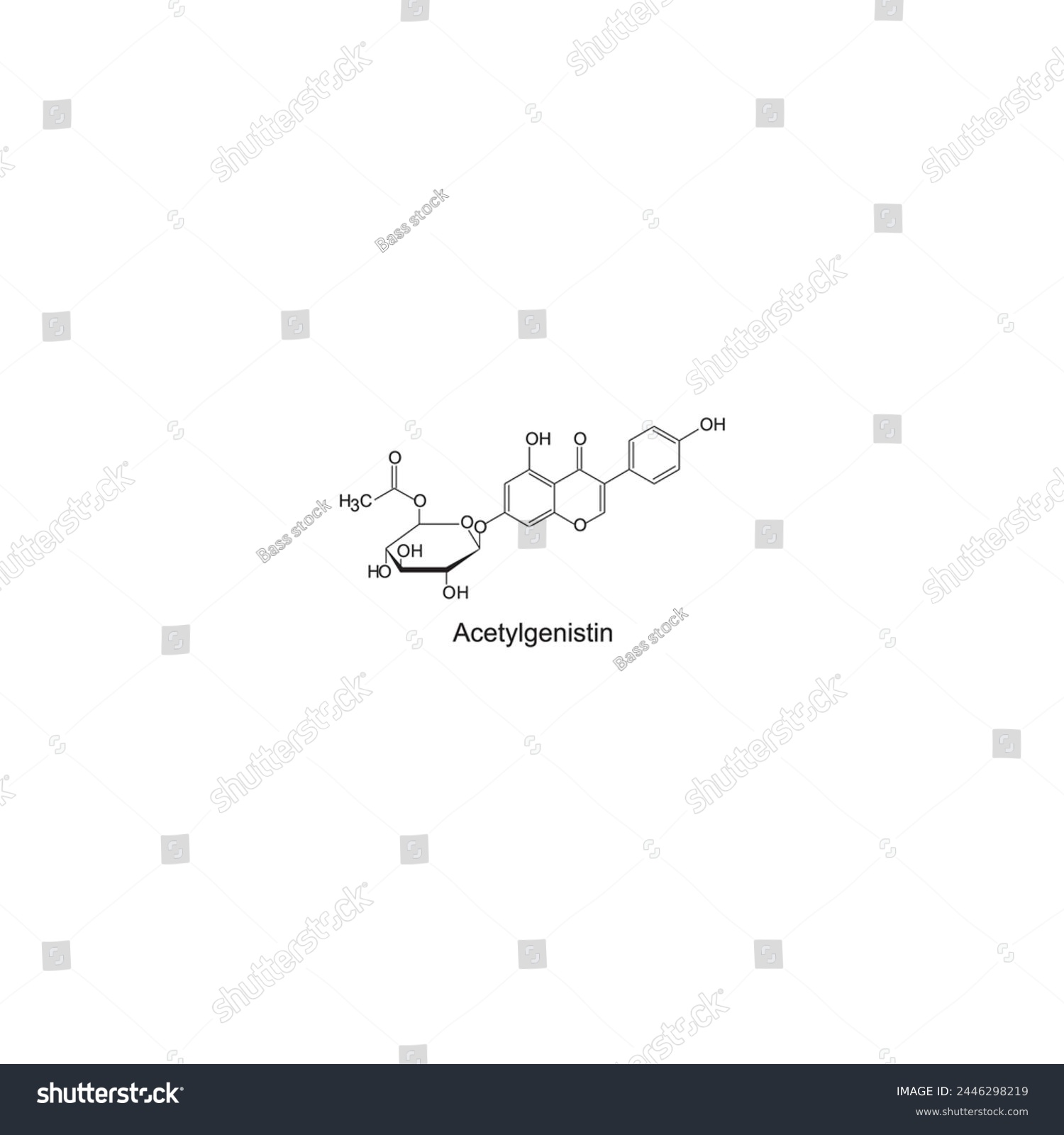 SVG of Acetylgenistin skeletal structure diagram.Isoflavanone compound molecule scientific illustration on white background. svg