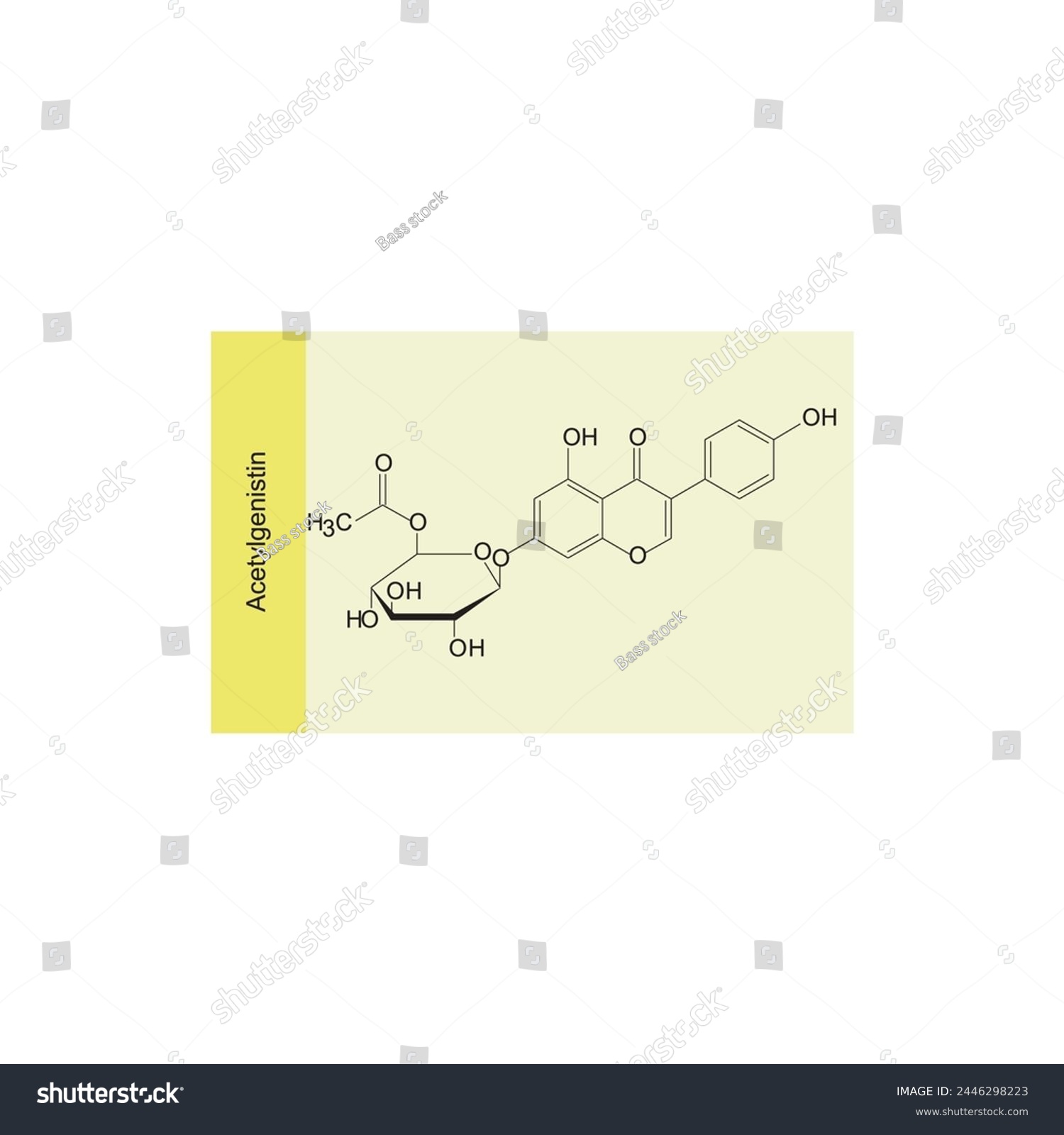 SVG of Acetylgenistin skeletal structure diagram.Isoflavanone compound molecule scientific illustration on yellow background. svg