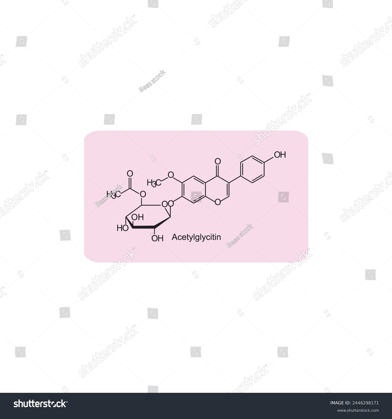SVG of Acetylglycitin skeletal structure diagram.Isoflavanone compound molecule scientific illustration on pink background. svg