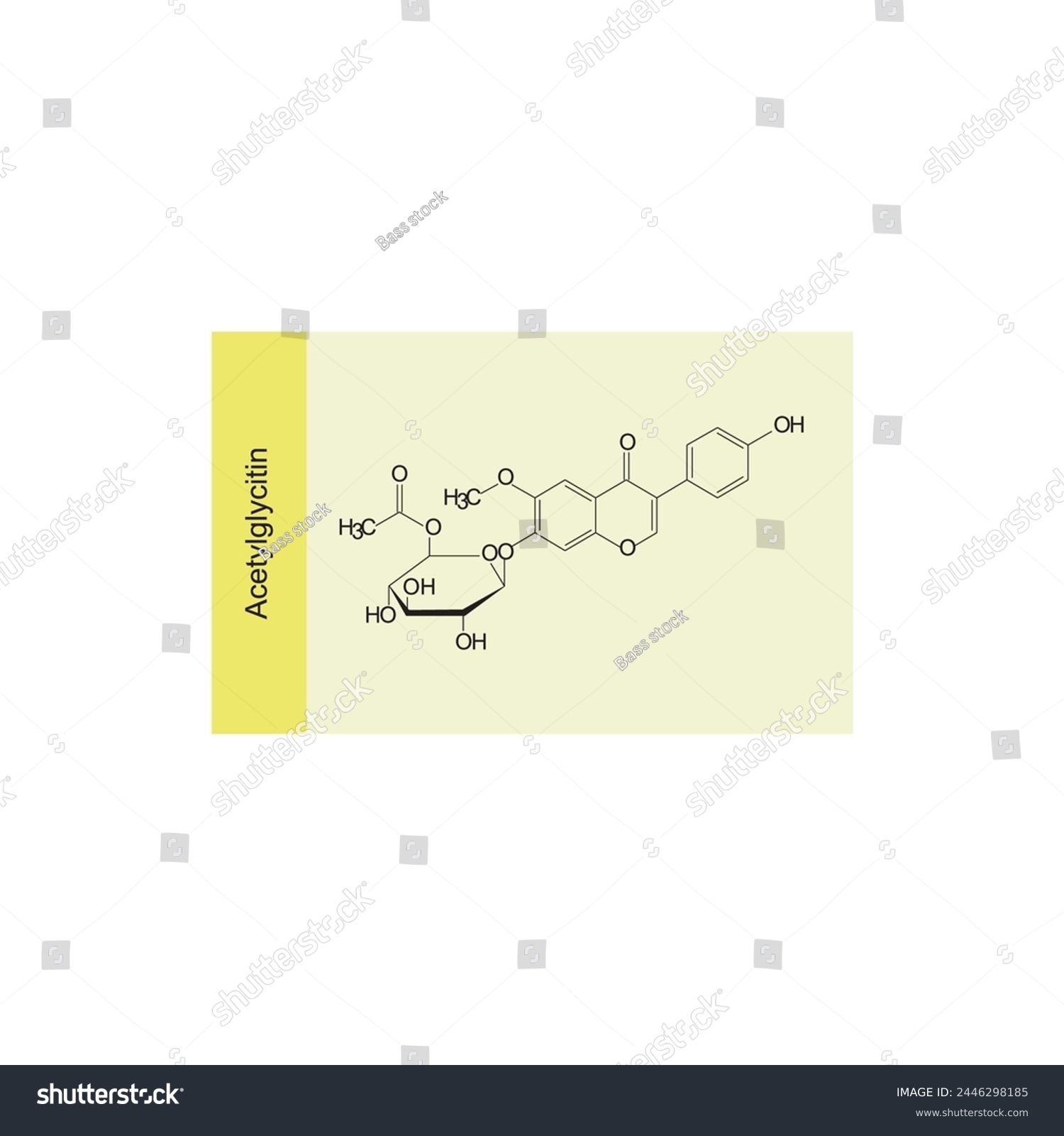 SVG of Acetylglycitin skeletal structure diagram.Isoflavanone compound molecule scientific illustration on yellow background. svg