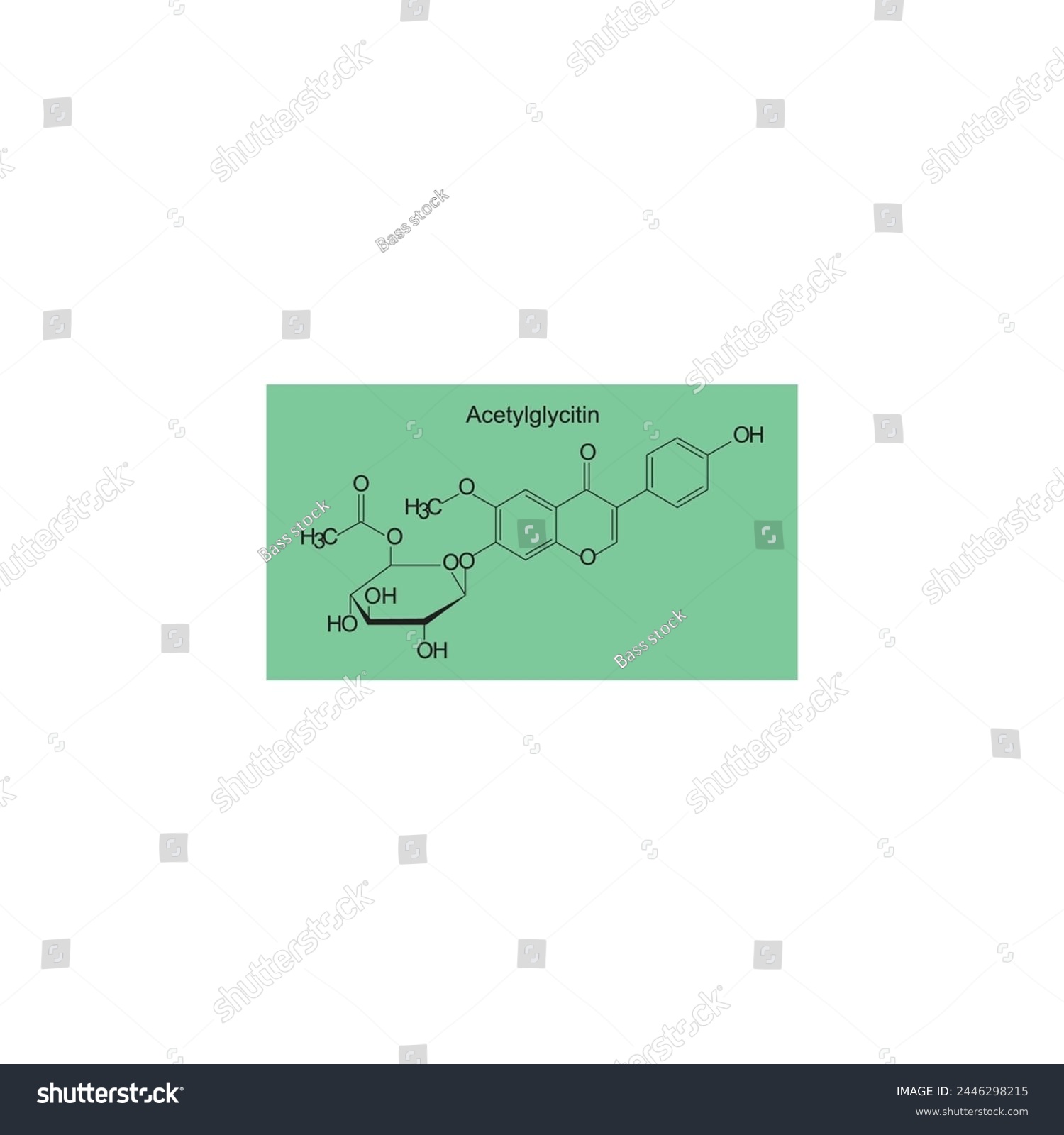 SVG of Acetylglycitin skeletal structure diagram.Isoflavanone compound molecule scientific illustration on green background. svg