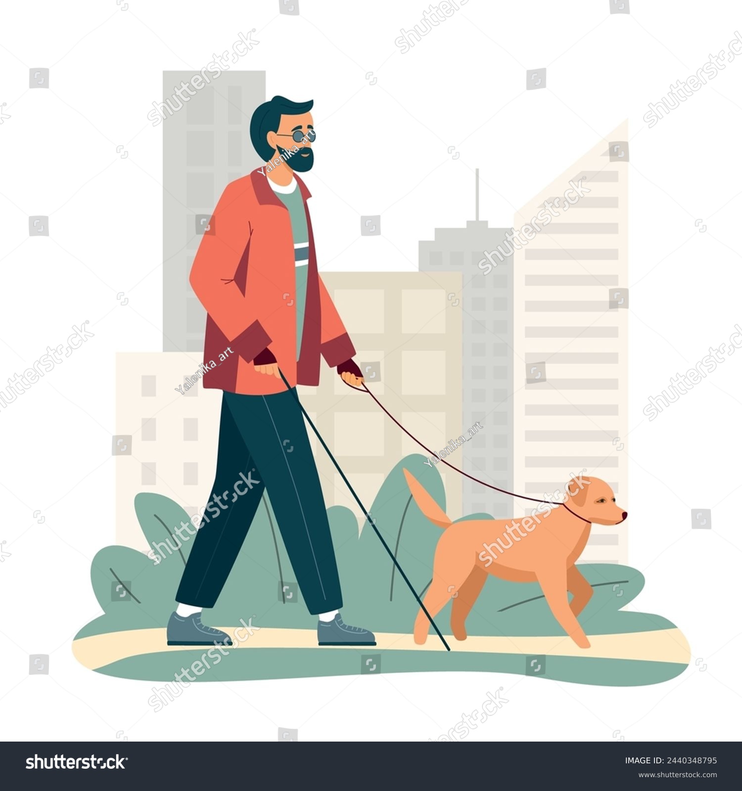 SVG of Active blind bearded man walking with guide dog in the city park. Diversity concept, Healthy men lifestyle. Guide dog is helping a blind man. Vector illustration isolated on white svg