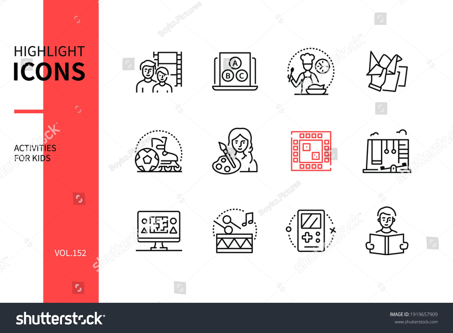 SVG of Activities for kids - line design style icons set. Parents spending time with children idea. Cinema, cooking, handicraft, sport, drawing, board, video and outdoor games, learn and play, music, reading svg