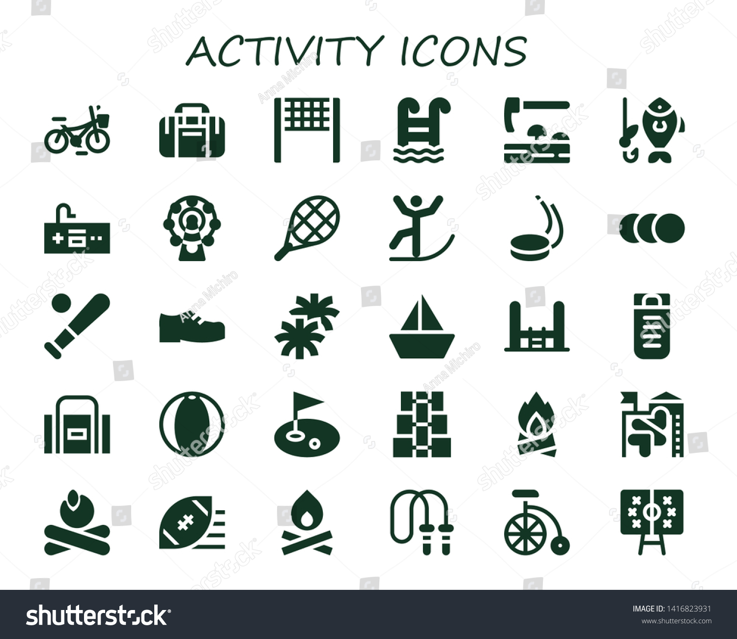SVG of activity icon set. 30 filled activity icons.  Simple modern icons about  - Bicycle, Sport bag, Volleyball net, Swimming pool, Adze, Fishing, Gamepad, Ferris wheel, Tennis, Skiing svg