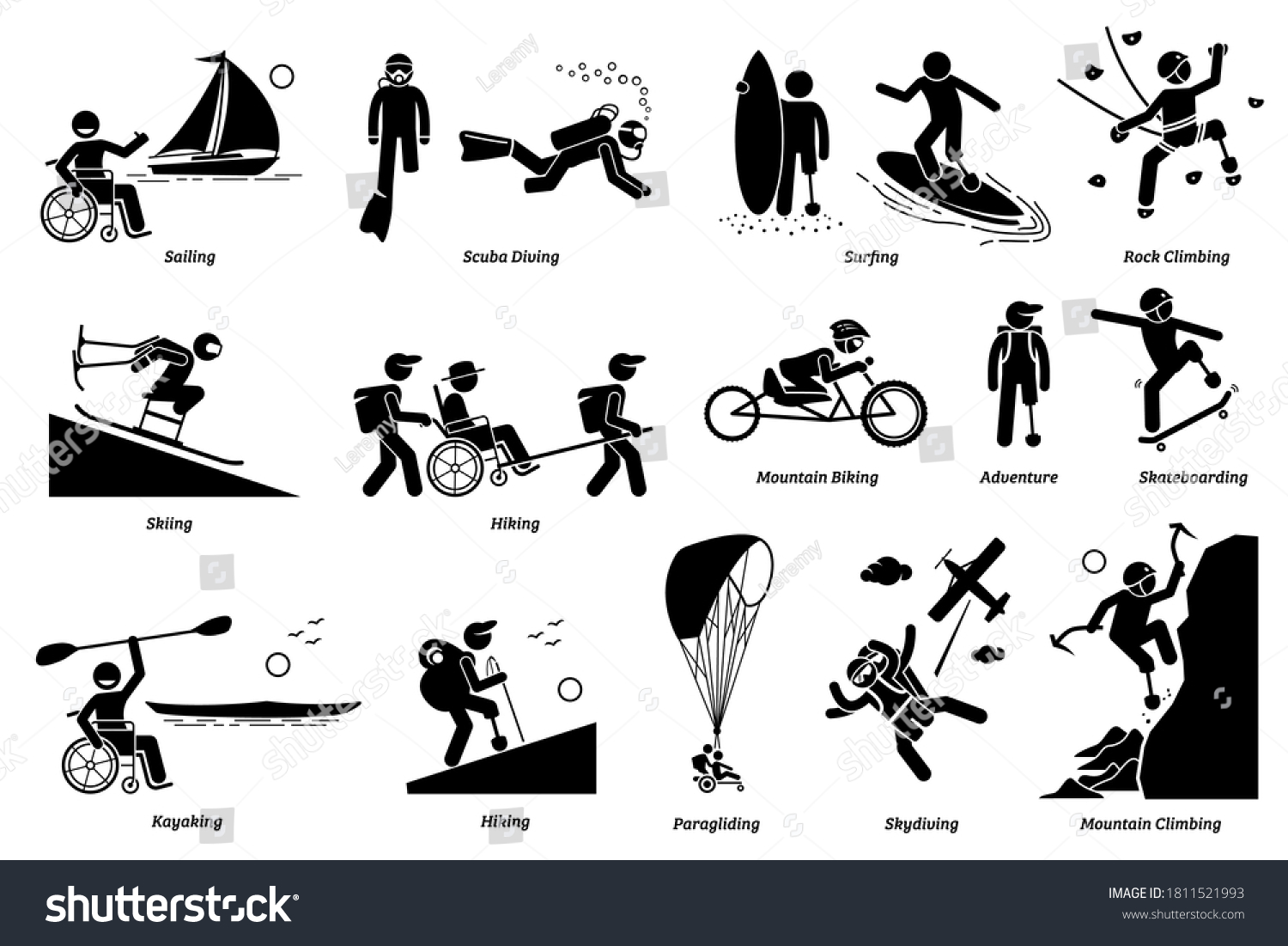 SVG of Adaptive recreational activities for handicapped or disabled people stick figure icons. Vector illustrations of extreme sports and accessible adventures for person with physical disabilities.  svg