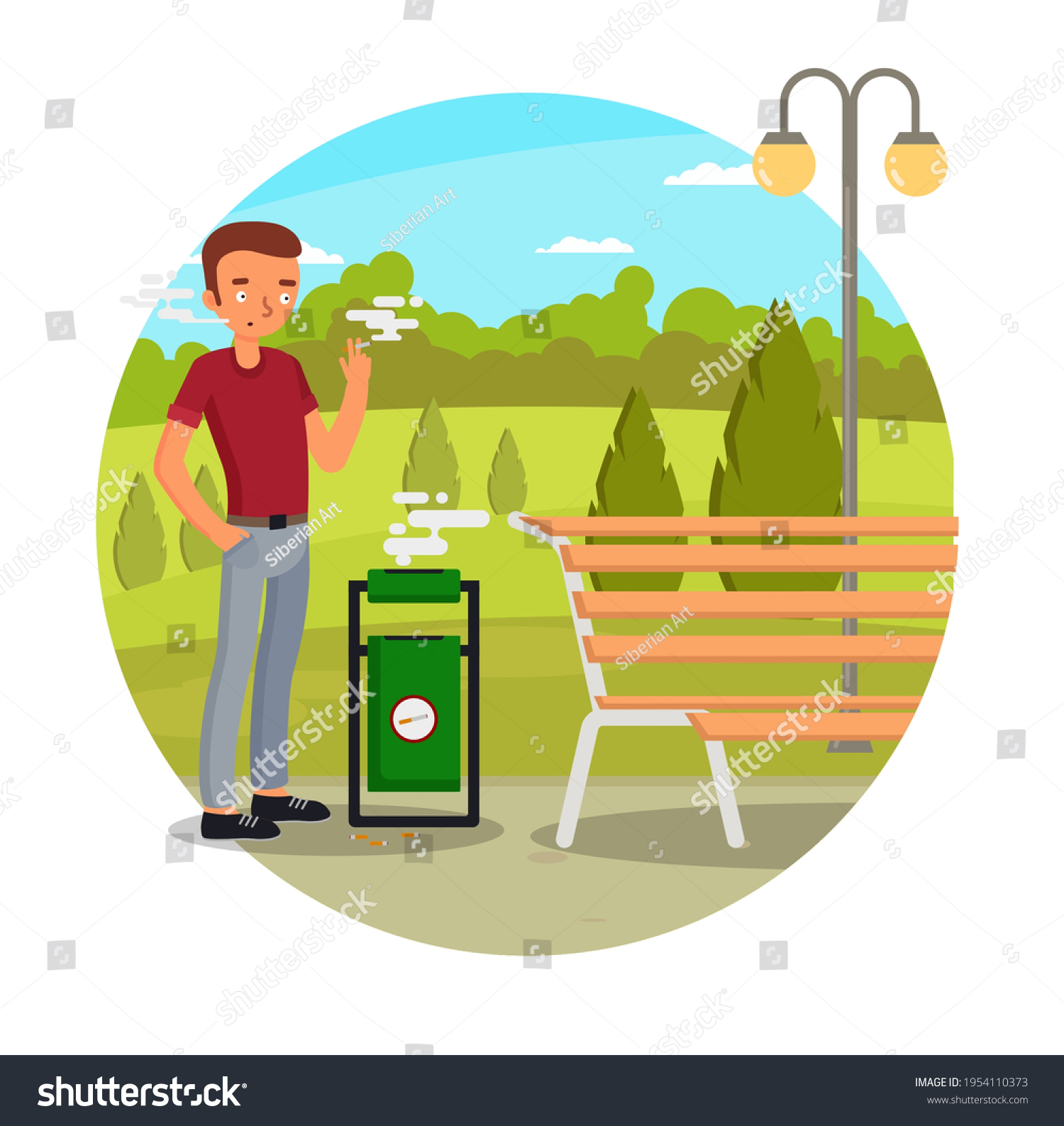 SVG of Addicted to nicotine young man smoking cigarette in city park, flat vector illustration. Passive smoker. Nicotine dependence and abuse, tobacco and smoking addiction. svg
