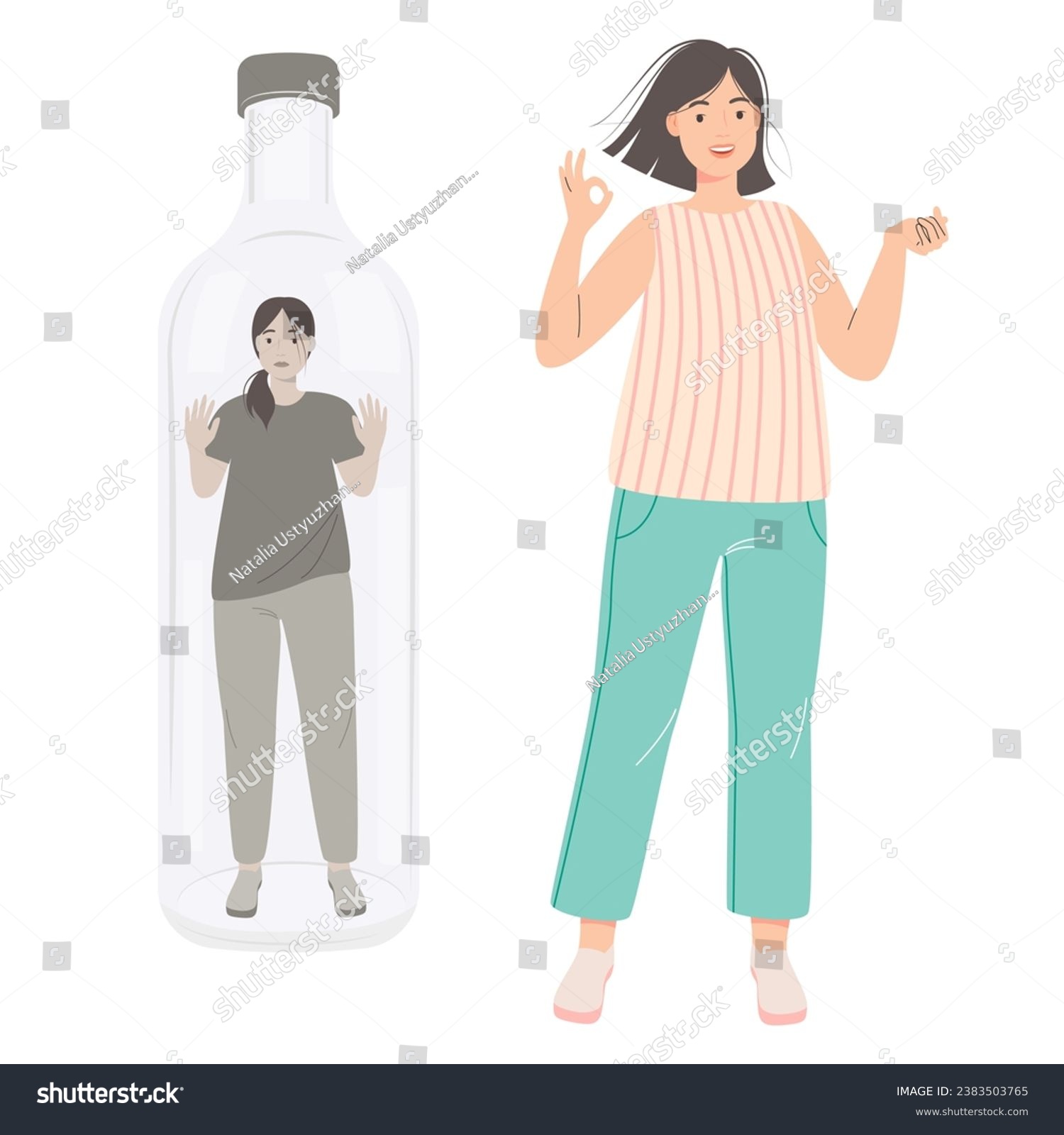 SVG of Addiction to alcohol and depression concept. Unhappy woman woman trapped in a bottle. Sad drunk female person, exhausted alcoholic. Social issue, abuse, addiction.  vector Illustration svg